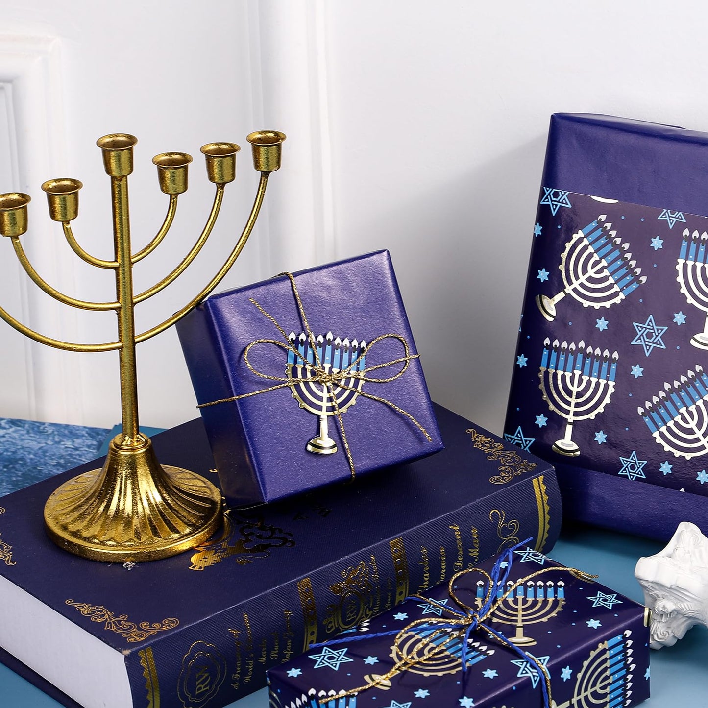 Reversible Hanukkah Wrapping Paper - Mini Roll - 17 Inch x 33 Feet - Blue Menorah Lights Chanukah Wrapping Paper Perfect for Hanukkah, Chanukah, Holiday