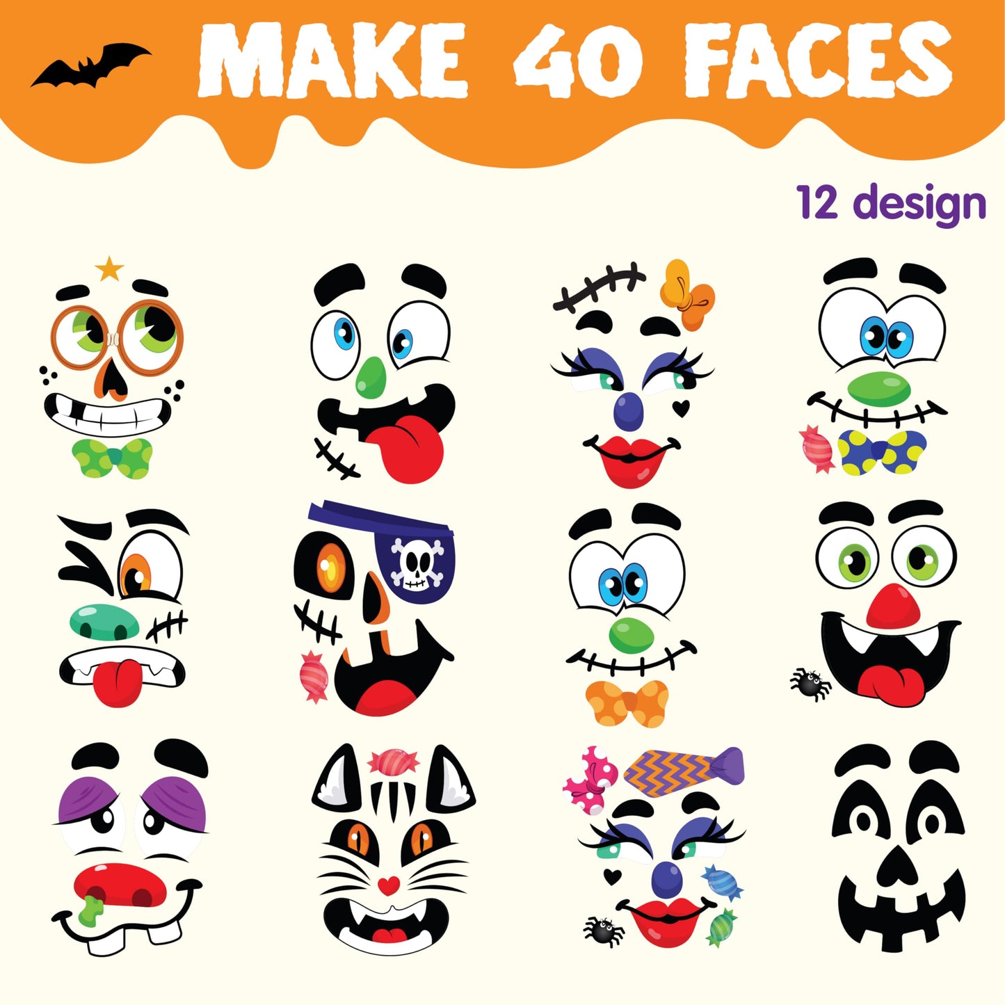 Halloween Make 40 Faces Pumpkin Decorating Stickers with 18 Sticker Sheets in 12 Different Designs and Sizes Party Supplies Trick or Treat Party Favors