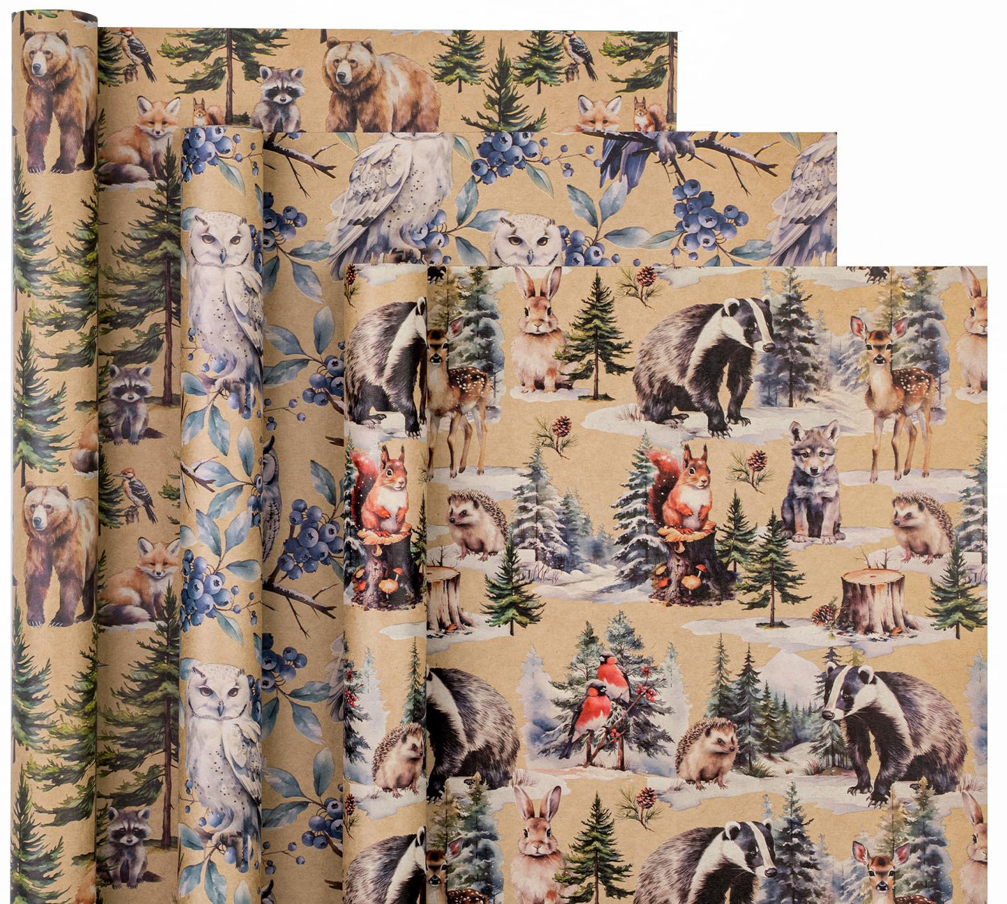 Kraft Christmas Wrapping Paper Roll - Mini Roll - 3 Rolls - 17 Inch x 120 Inch Per Roll - Wild Animals Winterfall Watercolor Holiday Collection