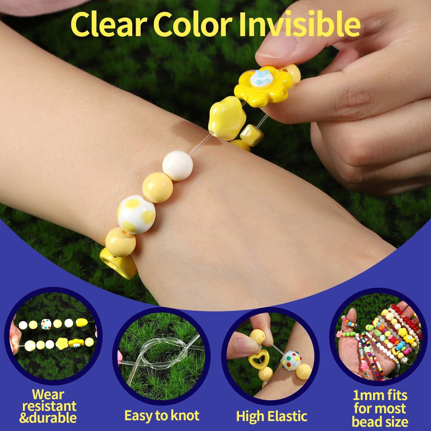 1mm Elastic Bracelet String Cord, Crystal Stretch Bead Cord for Bracelets Jewelry Making, Clear Stretchy Elastic String for Beading, Transparent Thread for Bracelet Necklace Making