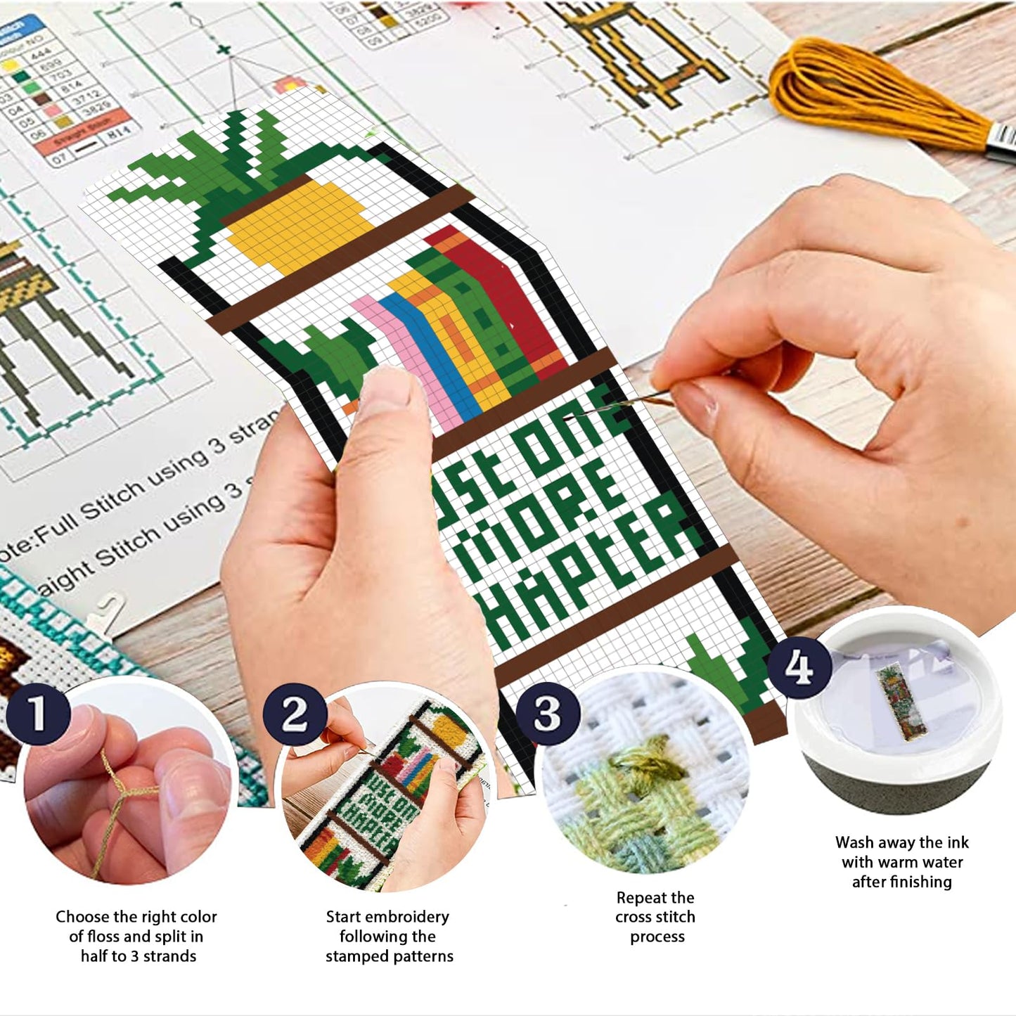 6PCS Cross Stitch Bookmark Kits Bookshelves Words Pattern Counted Cross Stitch Kits for Beginners Adults DIY Stamped Embroidery Bookmarks with Instructions Hand Embroidery Craft Gift