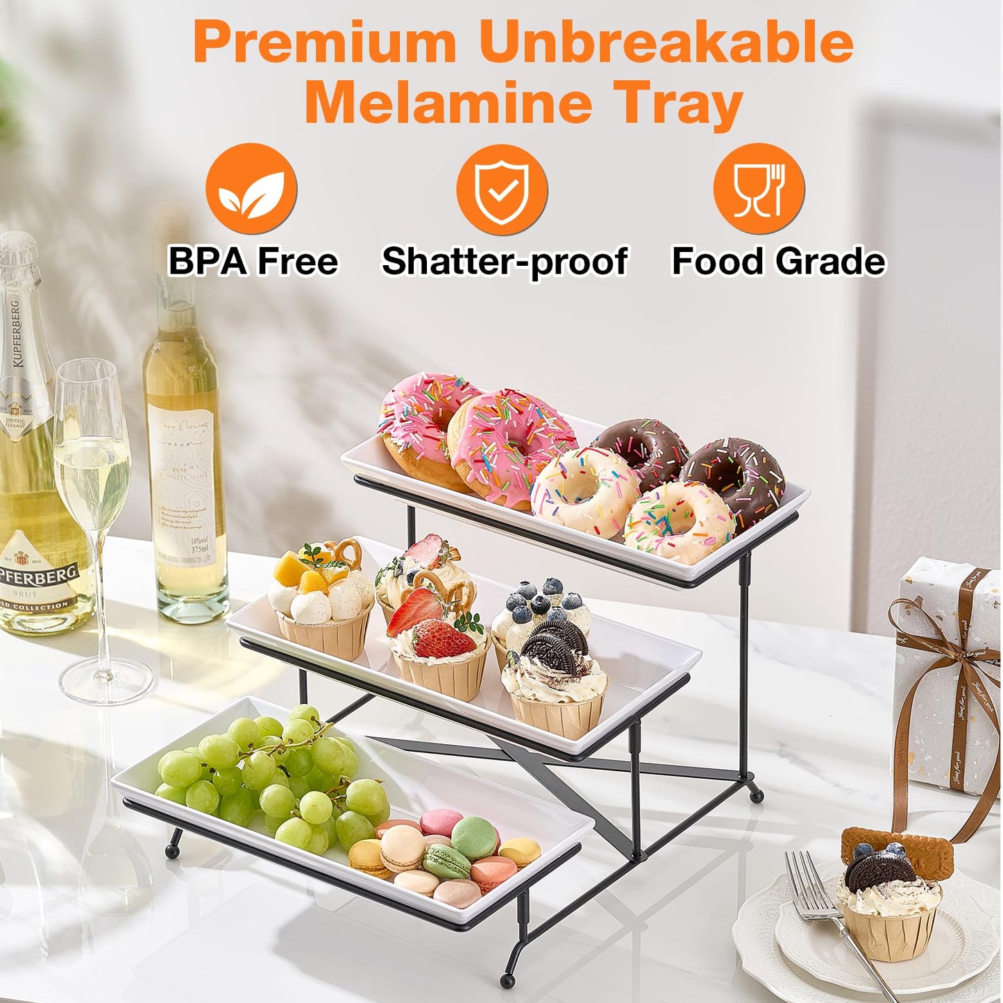 3 Tier Serving Tray Set, 12" Tiered Serving Trays Platters, Reusable Serving Tray for Party, Collapsible Sturdier Stand with Stable Cross Bars, Serving Platters for Veggie, Fruit, Dessert