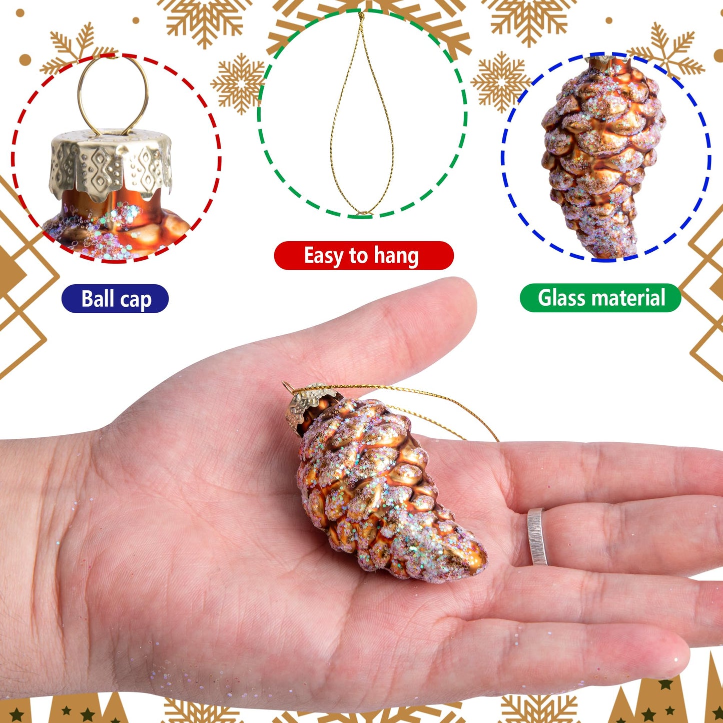 12 Pcs Christmas Glass Pinecone Ornaments- Christmas Pinecone Glass Blown Ornaments- Fall Hanging Pine Cone Glass Ornaments for Christmas Tree Fall Thanksgiving Day Decoration (A Style)