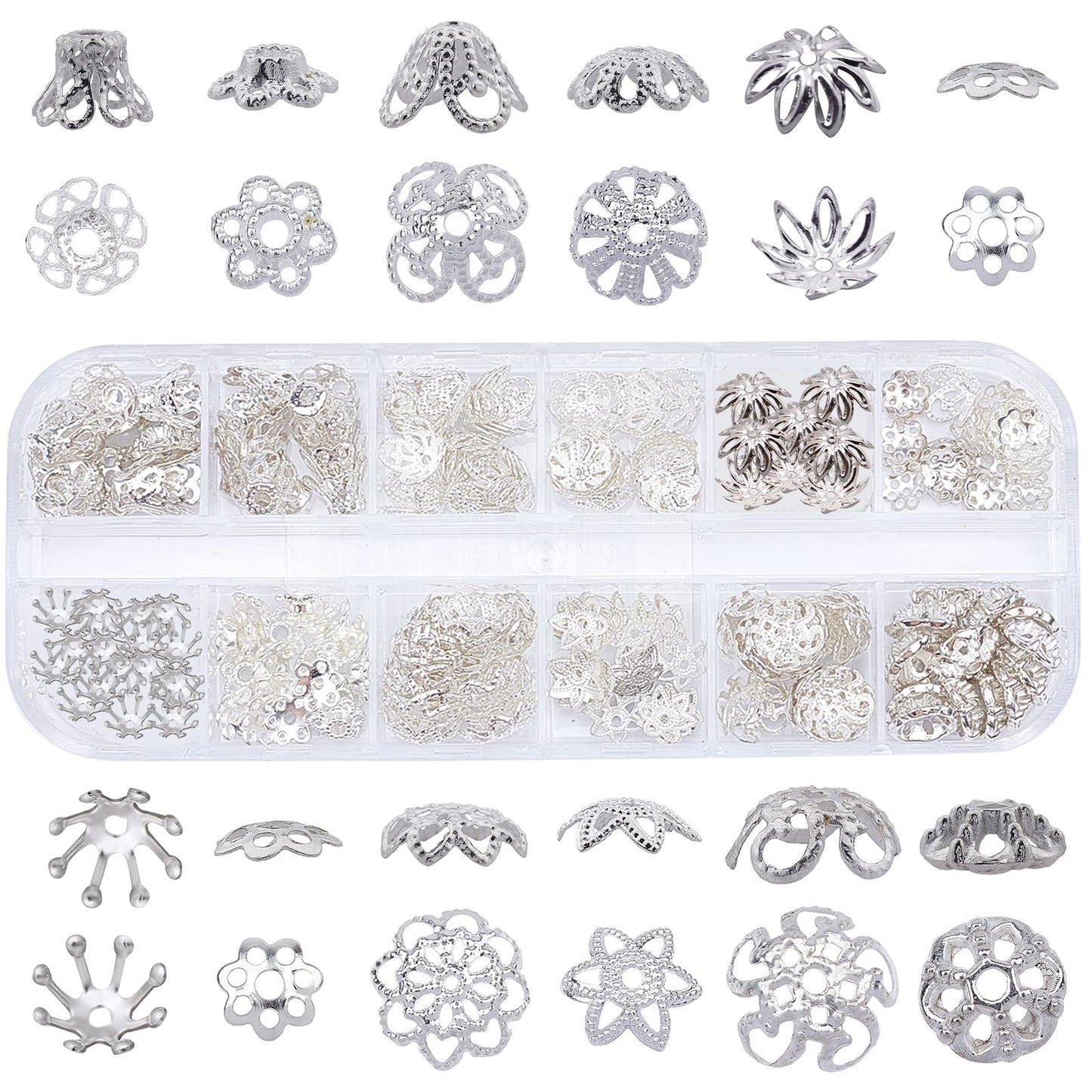 1 Box 240Pcs 12 Styles Flower Spacer Beads Caps Silver Bead Caps Mixed Tibetan Beads Jewelry Findings for DIY Earring Bracelet Necklace Keyring Making