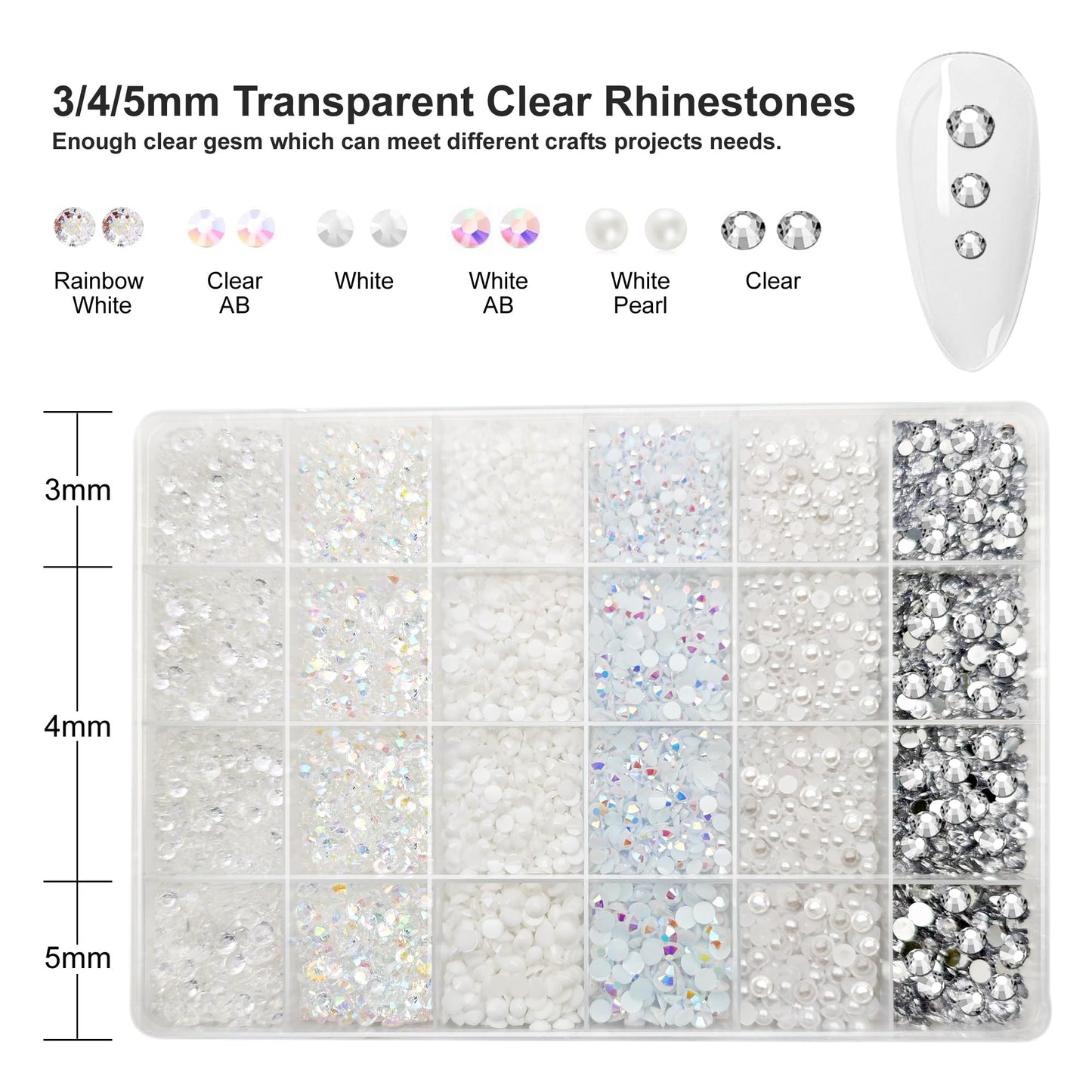 White Rhinestones for Crafting, 3mm 4mm 5mm Resin Rhinestones Bulk and Flat Back Pearls Beads for Clothes, Shoes, Nail Art, Craft Decoration, White Jewels for Bedazzling Gems