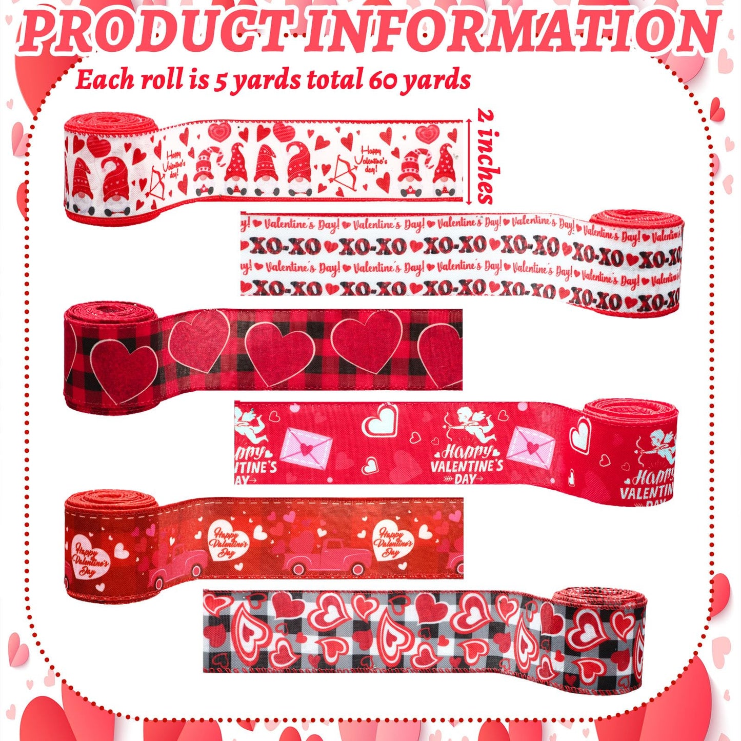 12 Rolls Valentines Day Wired Edge Ribbon for Wreaths 2 Inch x 60 Yards Red Pink Heart Gnome Truck Print Grosgrain Ribbon Love Crafts for Winter Party Decorative Supplies, 12 Styles