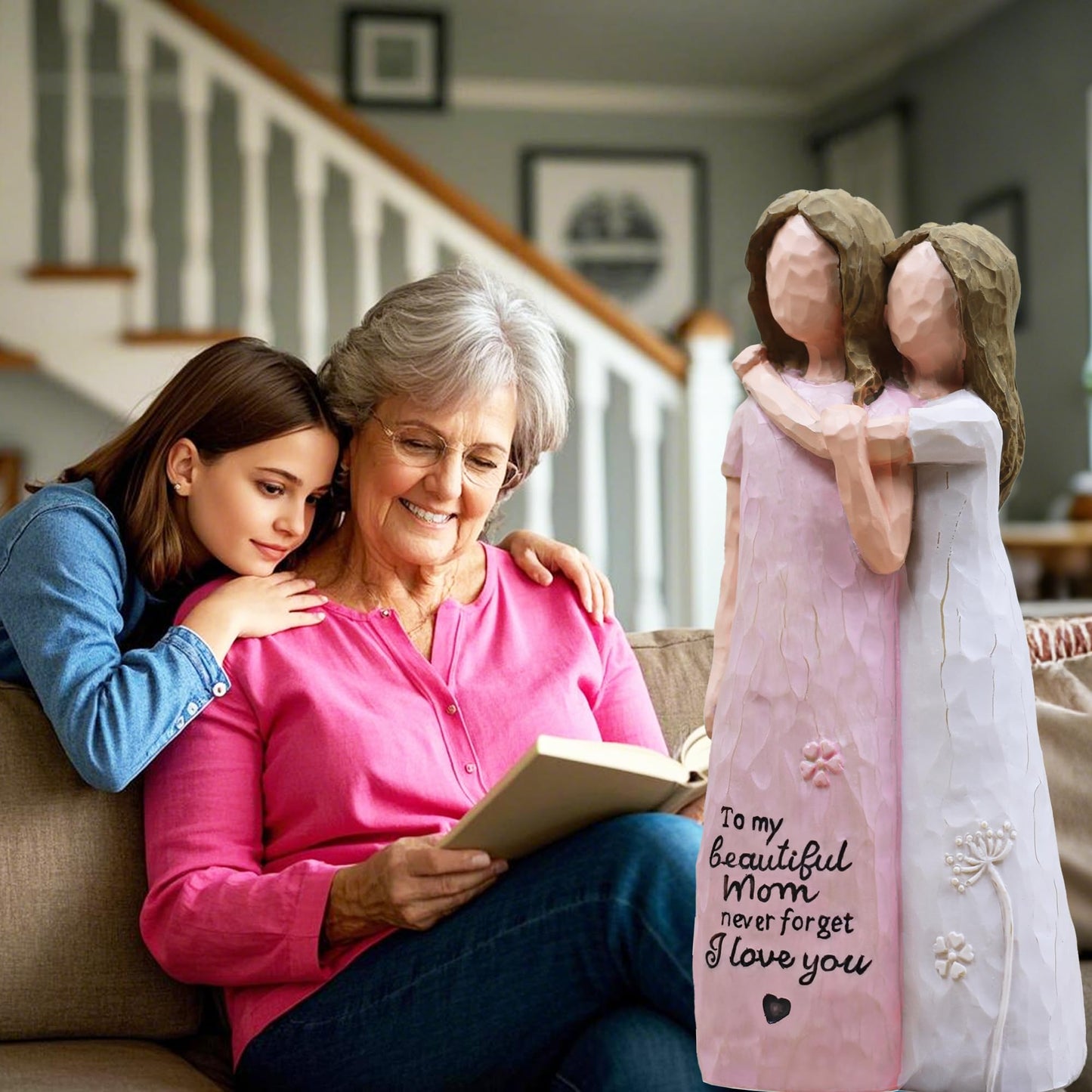 AcowSpt Mother Daughter Gift, Birthday Gifts for Mom from Daughter, Sculpted Hand-Painted Figurine (Pink)