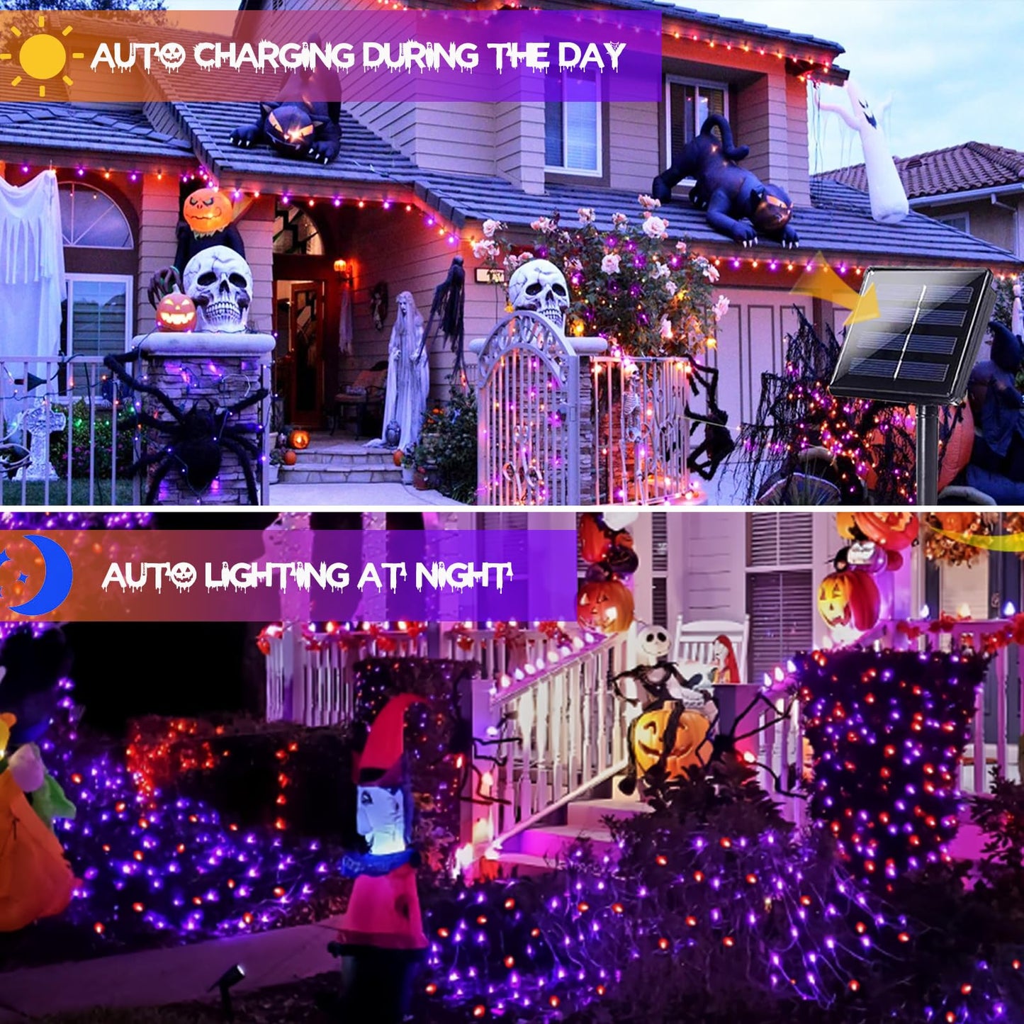 4 Pack Solar Halloween Lights Outdoor Waterproof, 180FT LED String Lights With Black Wire, 8 Modes Fairy Twinkle Lights for Tree Bush Garden Horror Party Decorations - Orange and Purple