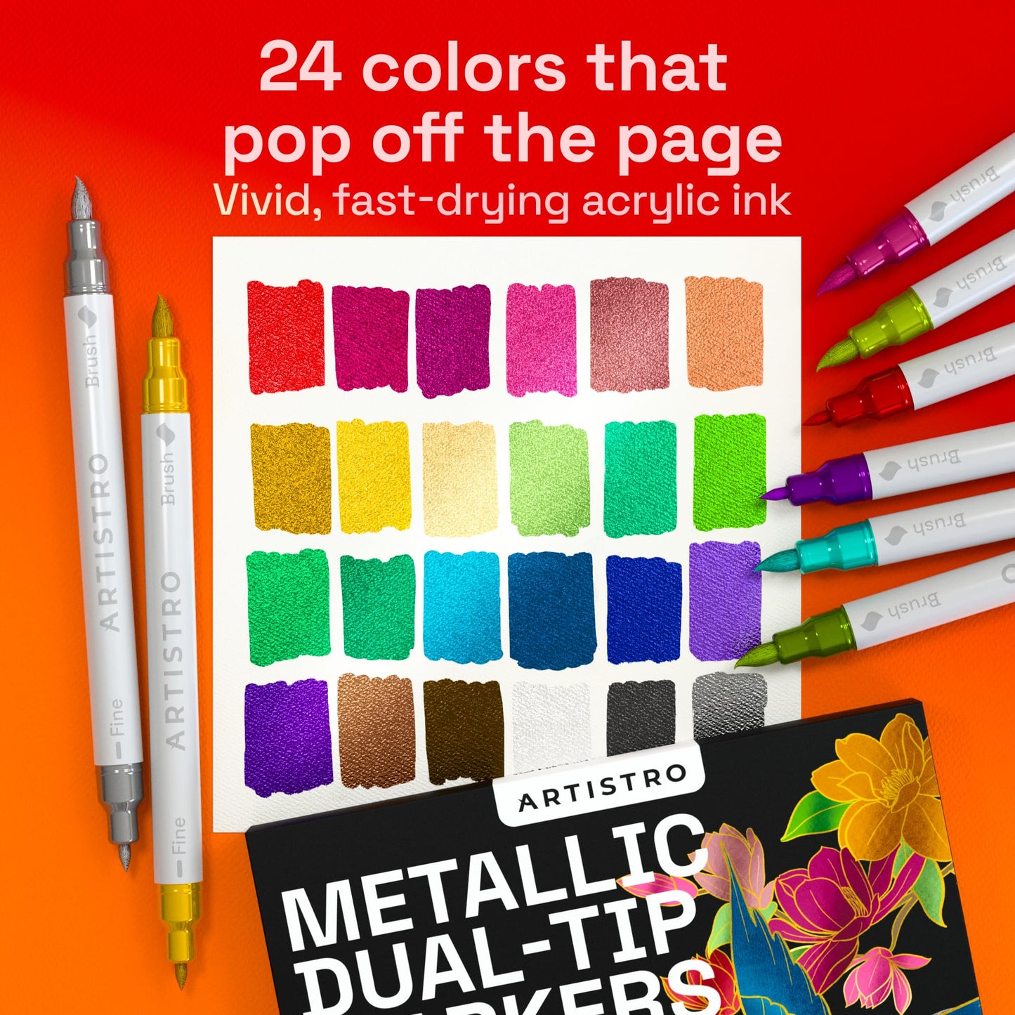 24 Metallic Acrylic Paint Markers - Paint Pens for Drawing, Brush + Fine Tips - For Fabric, Rock, Glass, Wood, Eggs - Art & Craft Supplies for Adults, Teens, Kids - Easter Basket Stuffers