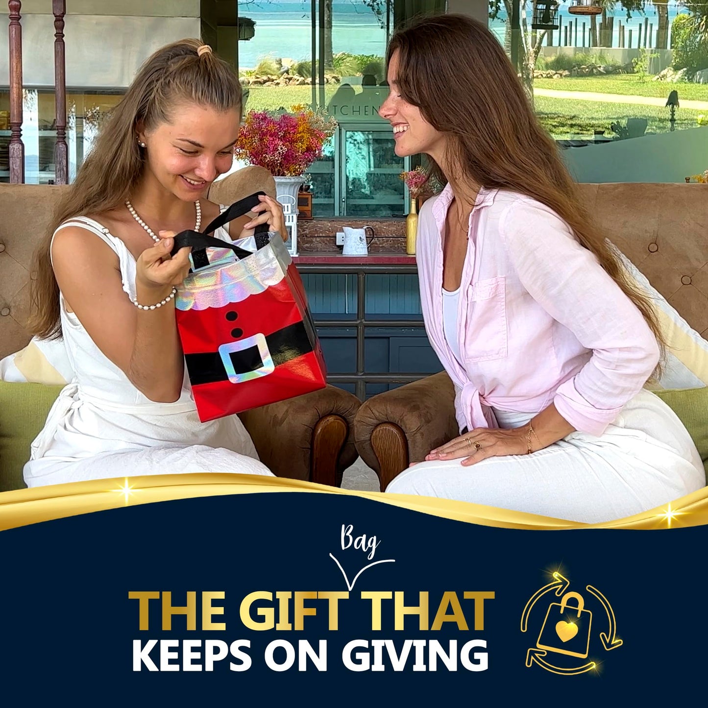 Nush Nush 12 Christmas Gift Bags Medium Size – Reusable Christmas Bags for Gifts With Handles and Holographic Santa Design - Perfect for Holiday Gifts, Presents,Goodies, Xmas Party Favors - 8 x4 x 10