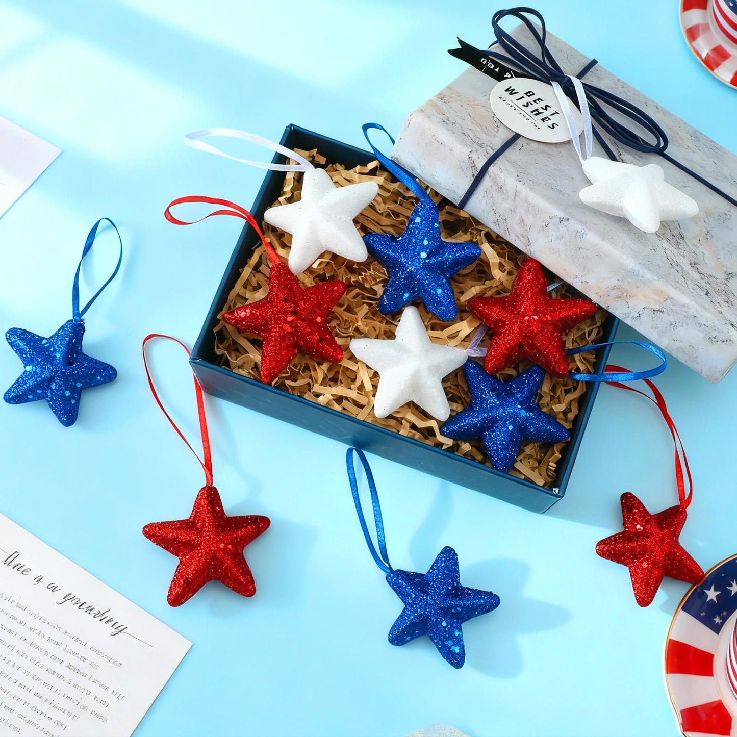 Sratte 12 Pcs 4th of July Tree Decorations Red White Blue Star Ornaments Patriotic Hanging Star Shaped Ornaments for Independence Day 250th Anniversary Holiday Party Supplies (Stylish Style)