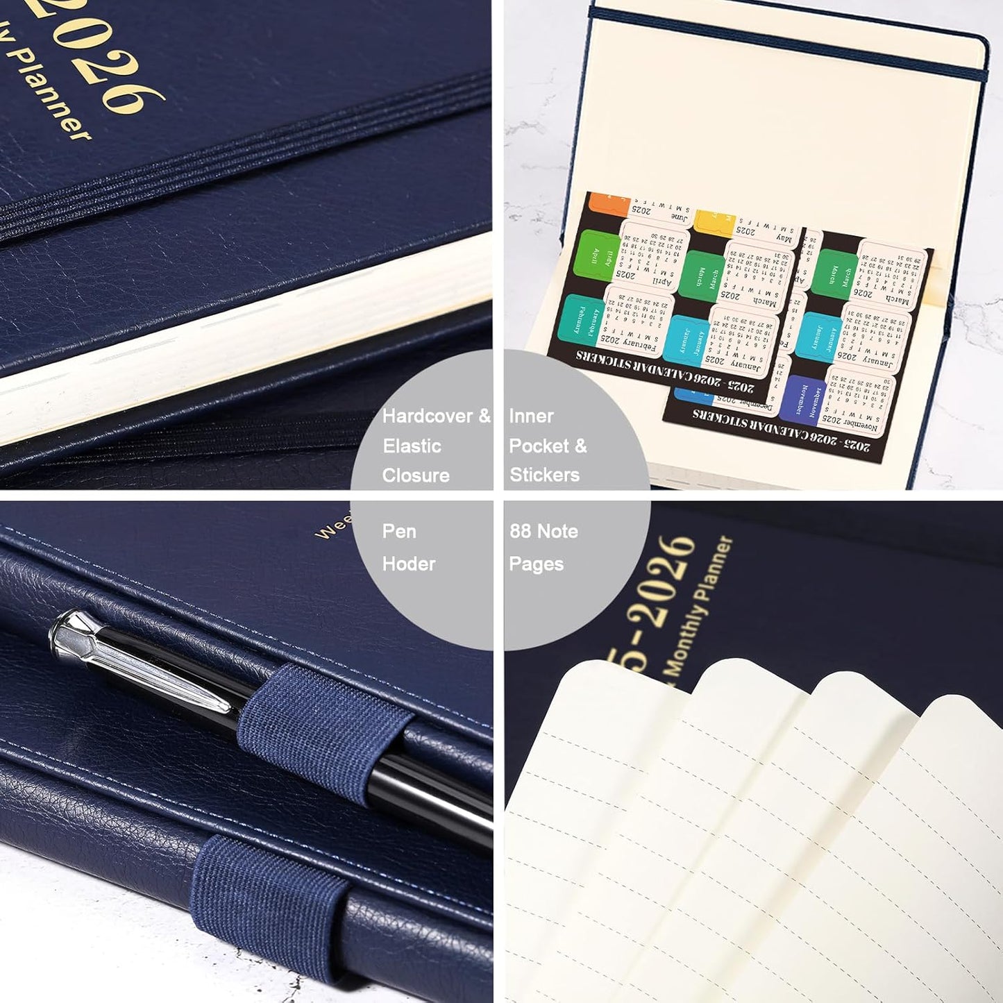 Planner 2025-2026 Weekly and Monthly with Stickers, 5.7" X 8.2", July 2025 - June 2026, 2025-2026 Calendar Planner, Pen Holder, Inner Pocket, 44 Notes Pages - Blue