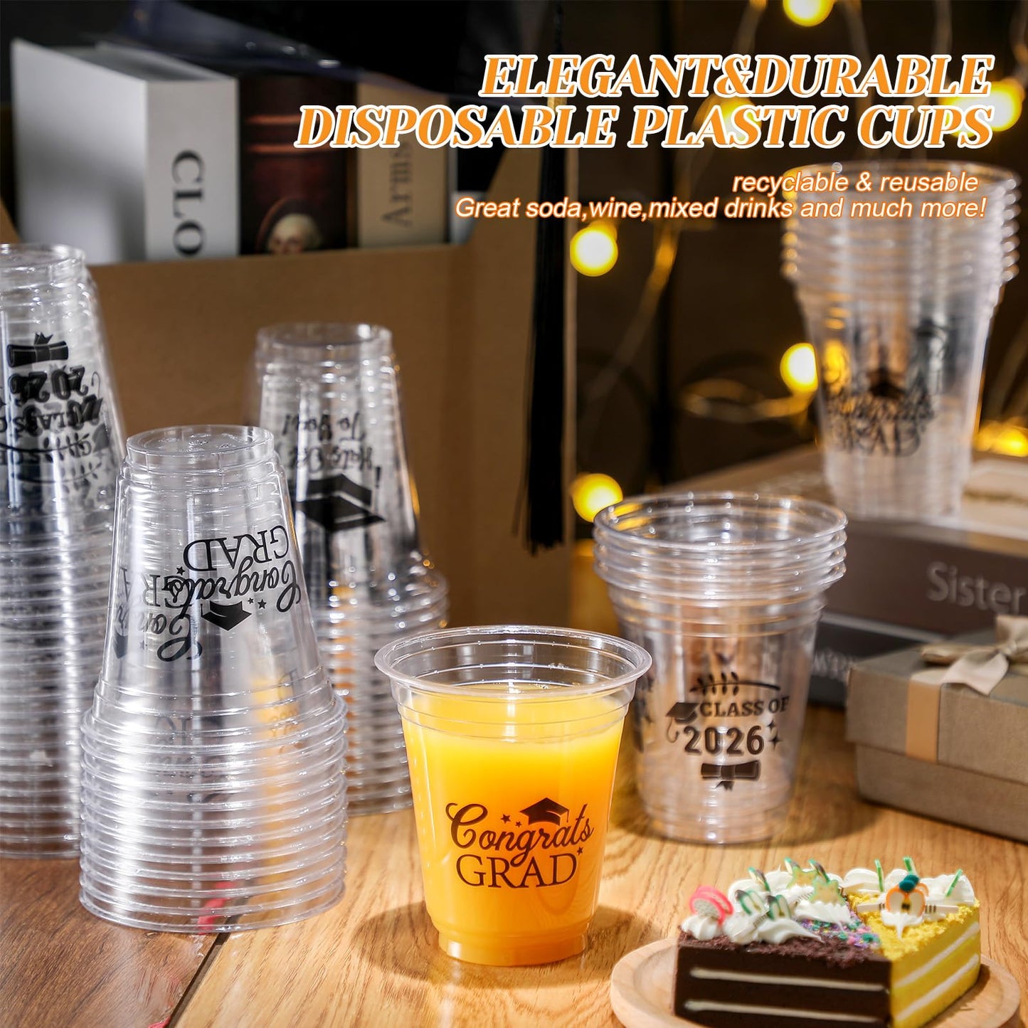 Eaasty 100 Pcs 12oz Graduation Cups 2026 Disposable Plastic Cups for Class of 2026 Graduation Party Congrats Grad Elegant Party Supplies Tableware Decorations (Clear)