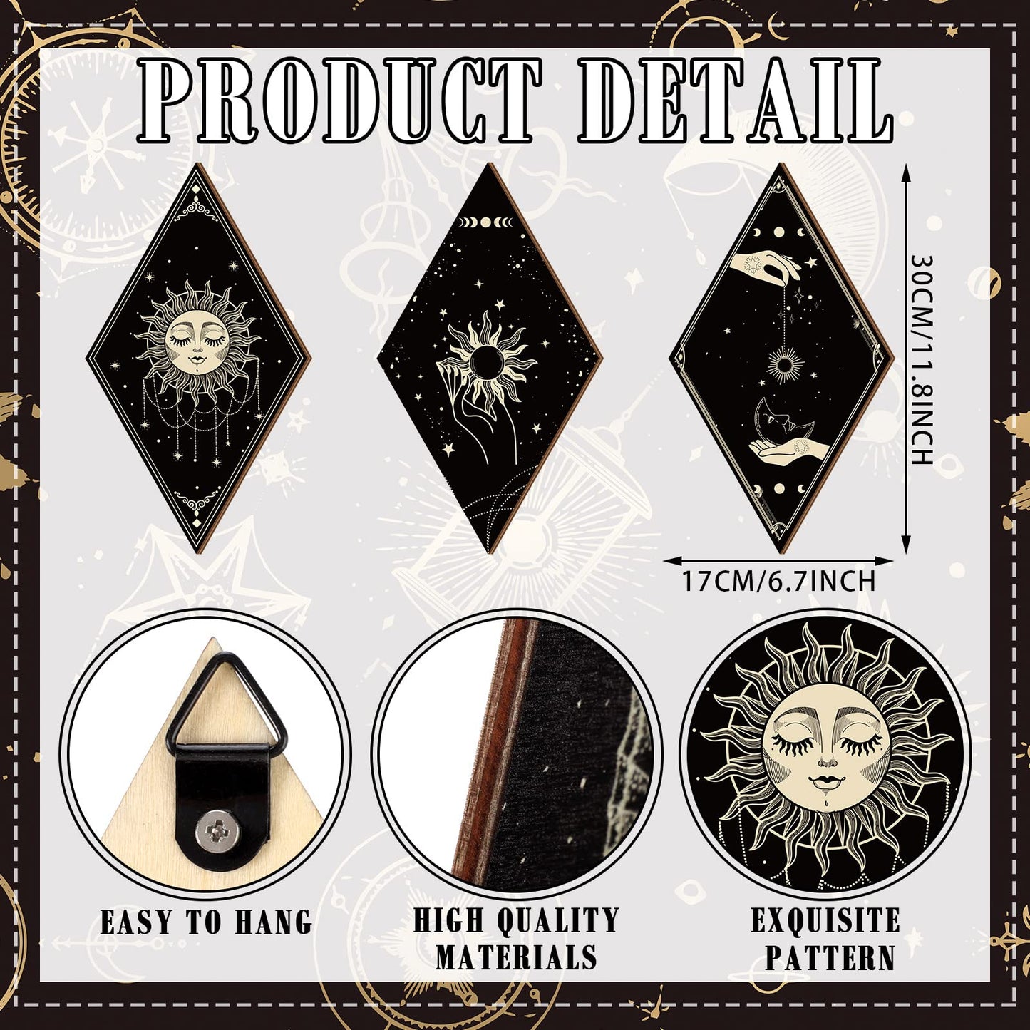 6 Pieces Boho Wall Decor Sun Moon Phases Wall Art Gothic Minimalist Stars Sun Hanging Wooden Home Decor Farmhouse Pediments for Gallery Living Bedroom Room(Boho)