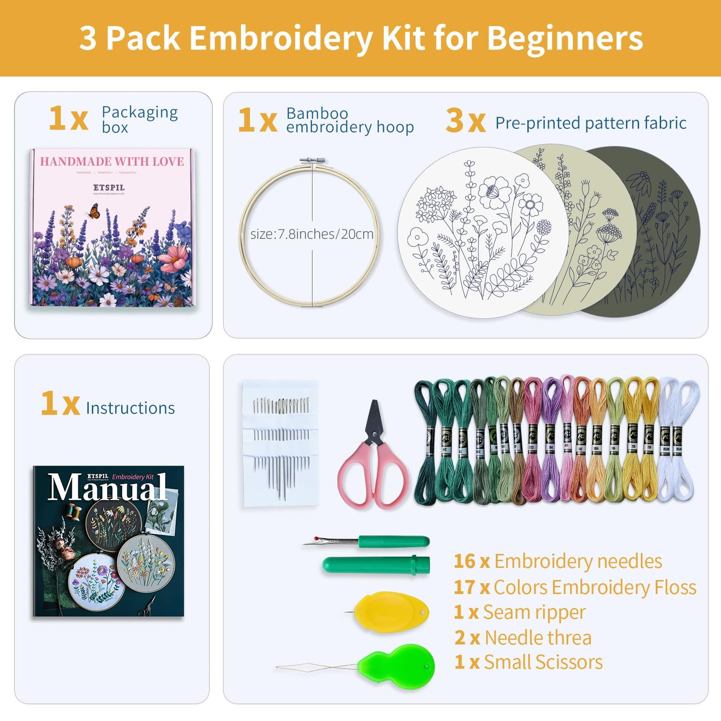 3 Pack Beginner Embroidery Kits, DIY Starter Set with Stamped Flower Designs, Embroidery Hoop, Colorful Threads, Tools