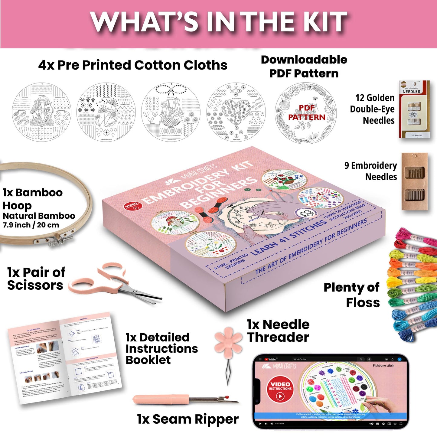 Moni Crafts Adult Beginner Embroidery Kit β 4 Pre-Printed Patterns (Flower, Mushroom, Floral, Heart) β Learn 41 Stitches, Hand Embroidery Starter Craft Set