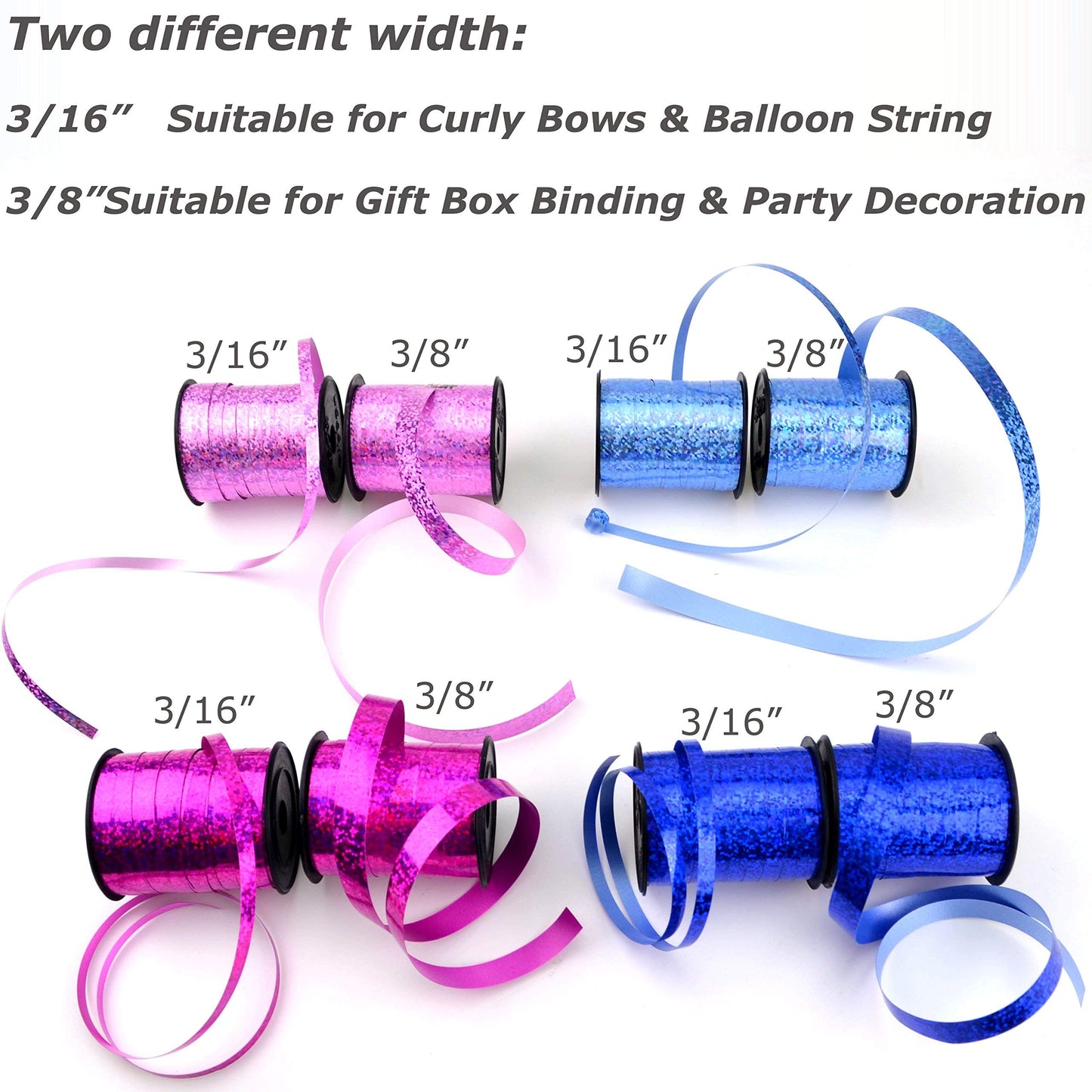 Star 3/16" and 3/8" Holographic Sparkles Curling Ribbon in 12 Colors | 24 Spools in Products Display Quickly | Sparkly Ribbon Great for Gift Wrap and Balloon String