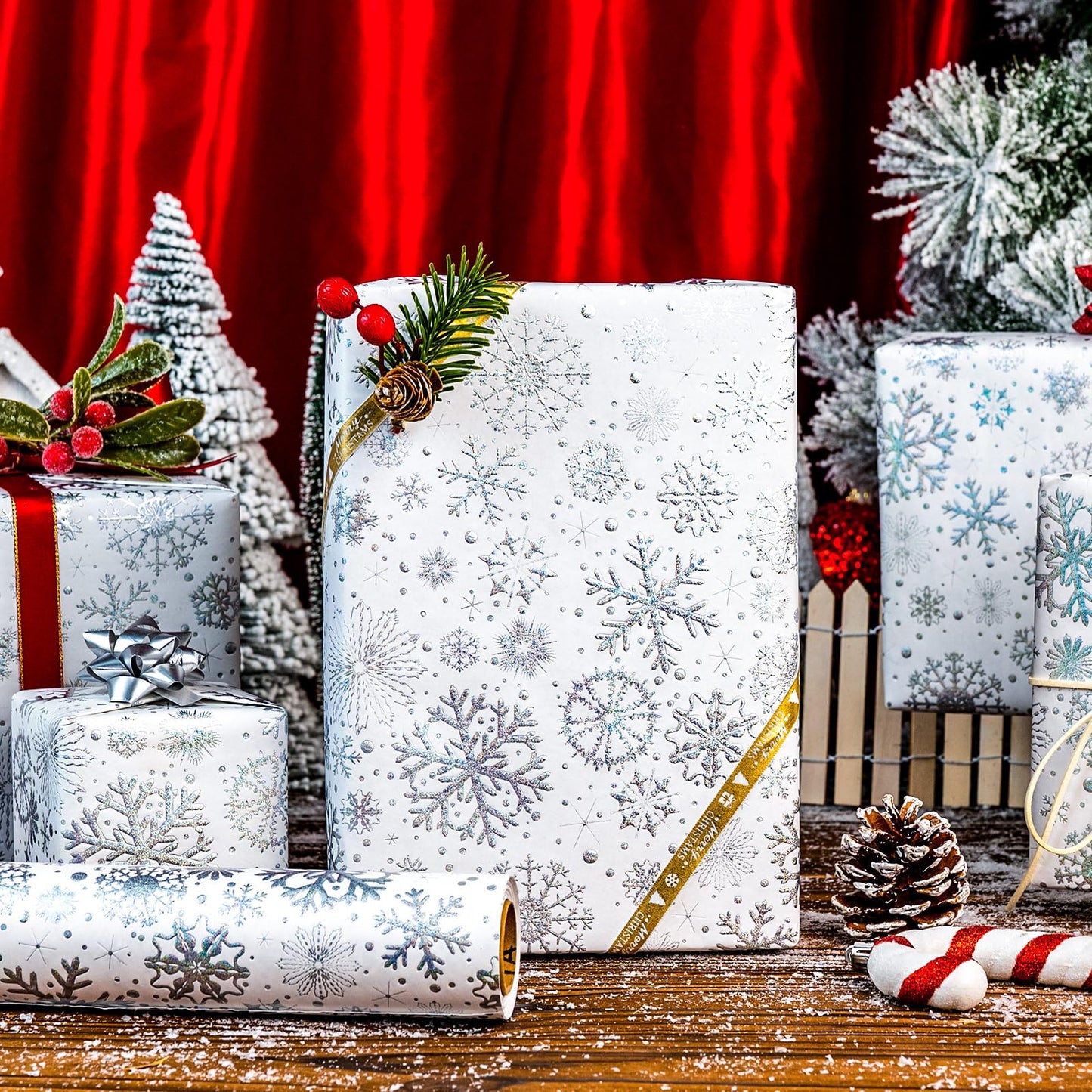 Kraft Christmas Wrapping Paper-Silver Snowflake Metallic Embossed Foil Luxury Gift Wrap Roll Design for Holiday, Party,Celebration, New Year (17 Inch X 32.8 Feet)