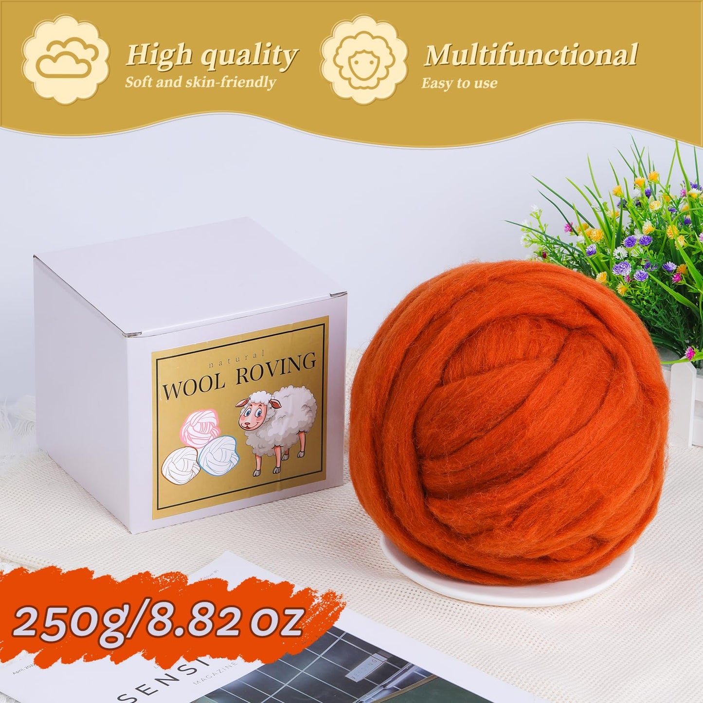 Wool Roving Bulk - 8.82oz Super Wool Chunky Yarn, Wool Roving Top for Needle Felting, Soft Felting Wool Supplies for Hand Spinning, Felting, Blending, Weaving and DIY Craft