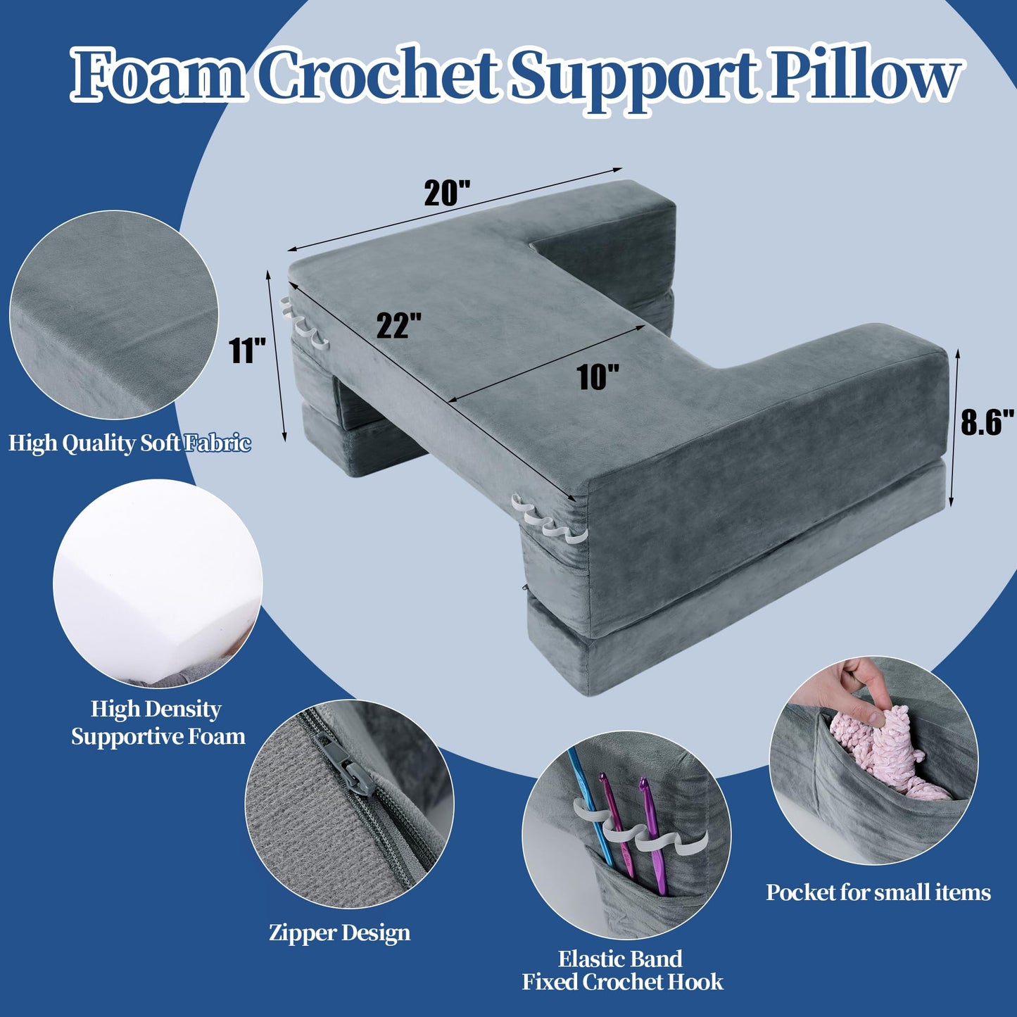 Adjustable Foam Crochet Pillow for Lap Support, Soft Velvet Reading & Gaming Pillow with Side Pocket and Elastic Band, Desk Pillow for Sofa, Bed & Floor, 2 Heights for Adjusting, (Grey)