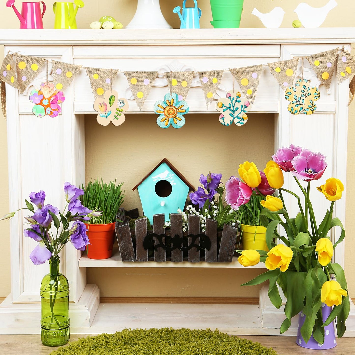 Wooden Flower Ornaments to Paint Spring Decoration Cutouts Unfinished 24PCS 3.5 x 3 inches, DIY Blank Unfinished Pumpkin Wood Discs Ornament for Home Crafts Hanging Easter St.Patricks Day Decoration