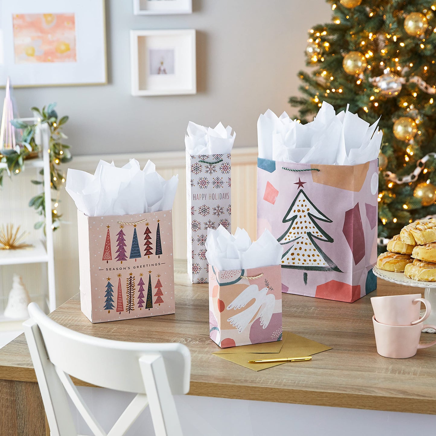Boho Christmas Gift Bag Assortment (8 Bags: 2 Small 6", 2 Medium 9", 2 Large 13", 2 Bottle Bags) in Pastel Pink, Purple, Hunter Green, White Dove, Snowflakes, Trees
