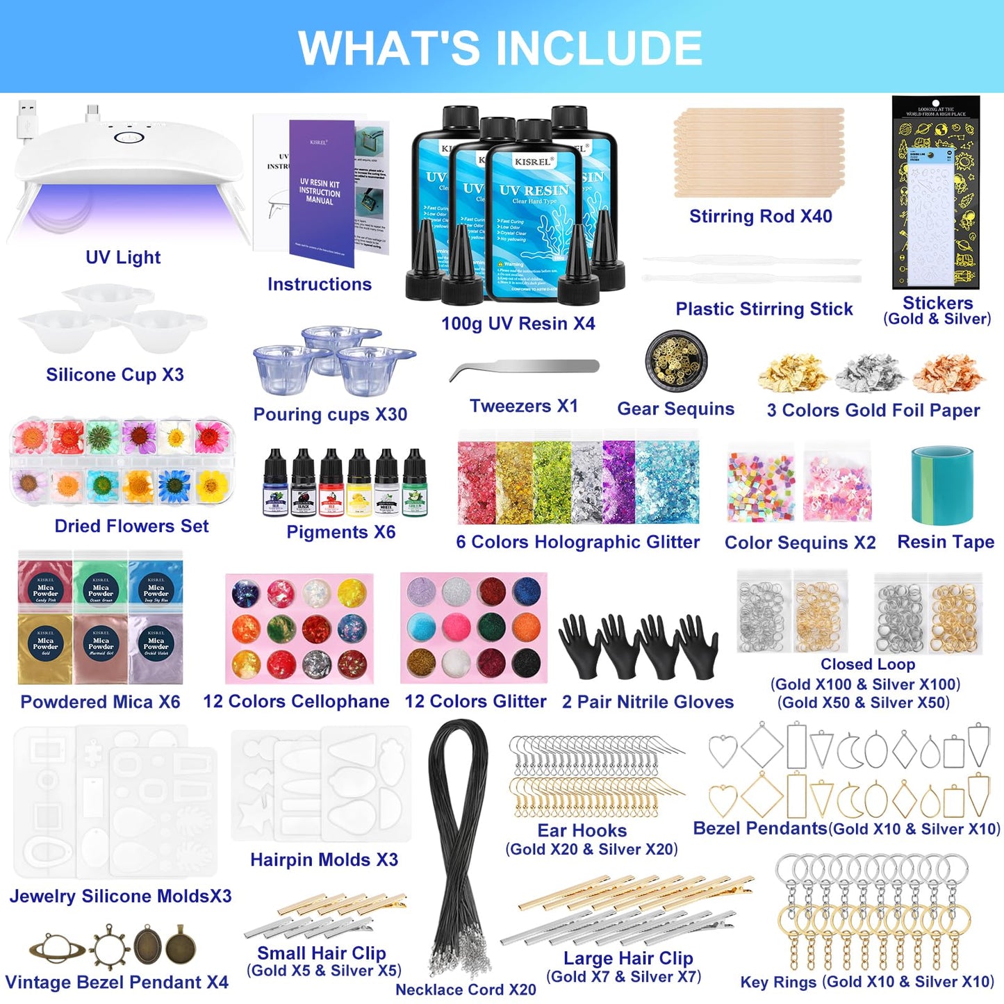 KISREL UV Resin Jewelry Making Kit, 400g Crystal Clear Resins with Light and Molds, DIY Jewelry Making Resin Kits, Resina Starter Kit for Keychain, Hair Clip and Earring