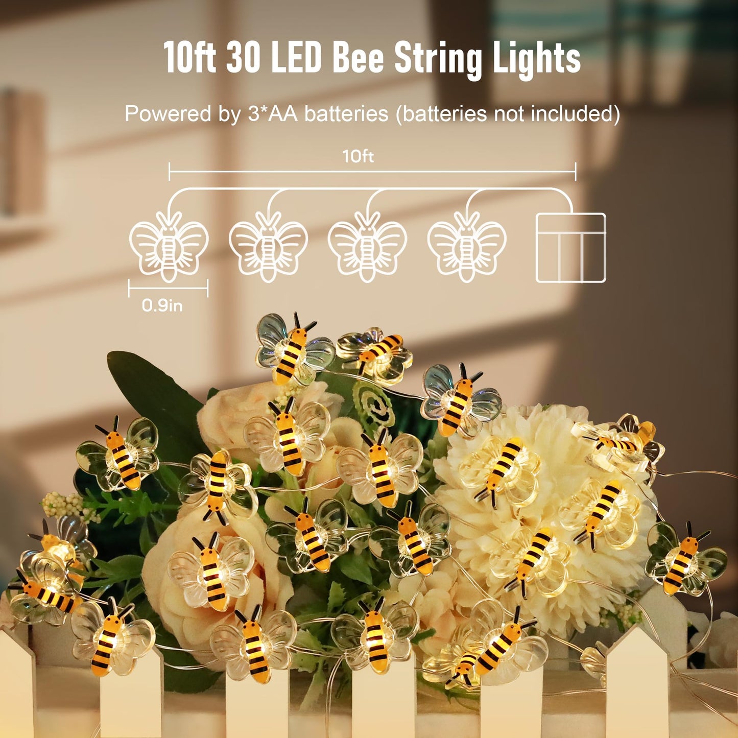 Coquimbo Bee Lights Room Decor, 10ft 30 LED Cute Bee String Fairy Lights Battery Operated, Honey Bee Gifts for Women Girls, Bee Decorations for Bedroom Plants Patio Party Wedding Party Xmas