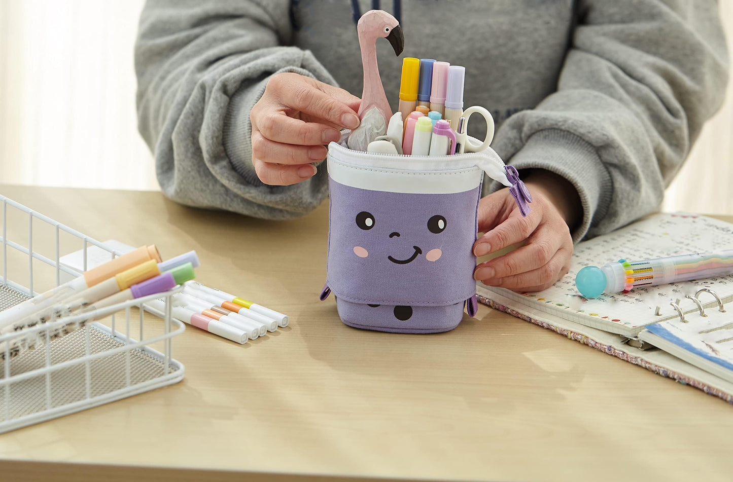 Friinder Telescopic Pencil Bag Pen Holder Pop Up Stationery Case, Stand-up Retractable Transformer Bag Standing Organizer, Great for Christmas Holiday New Year Office Bag