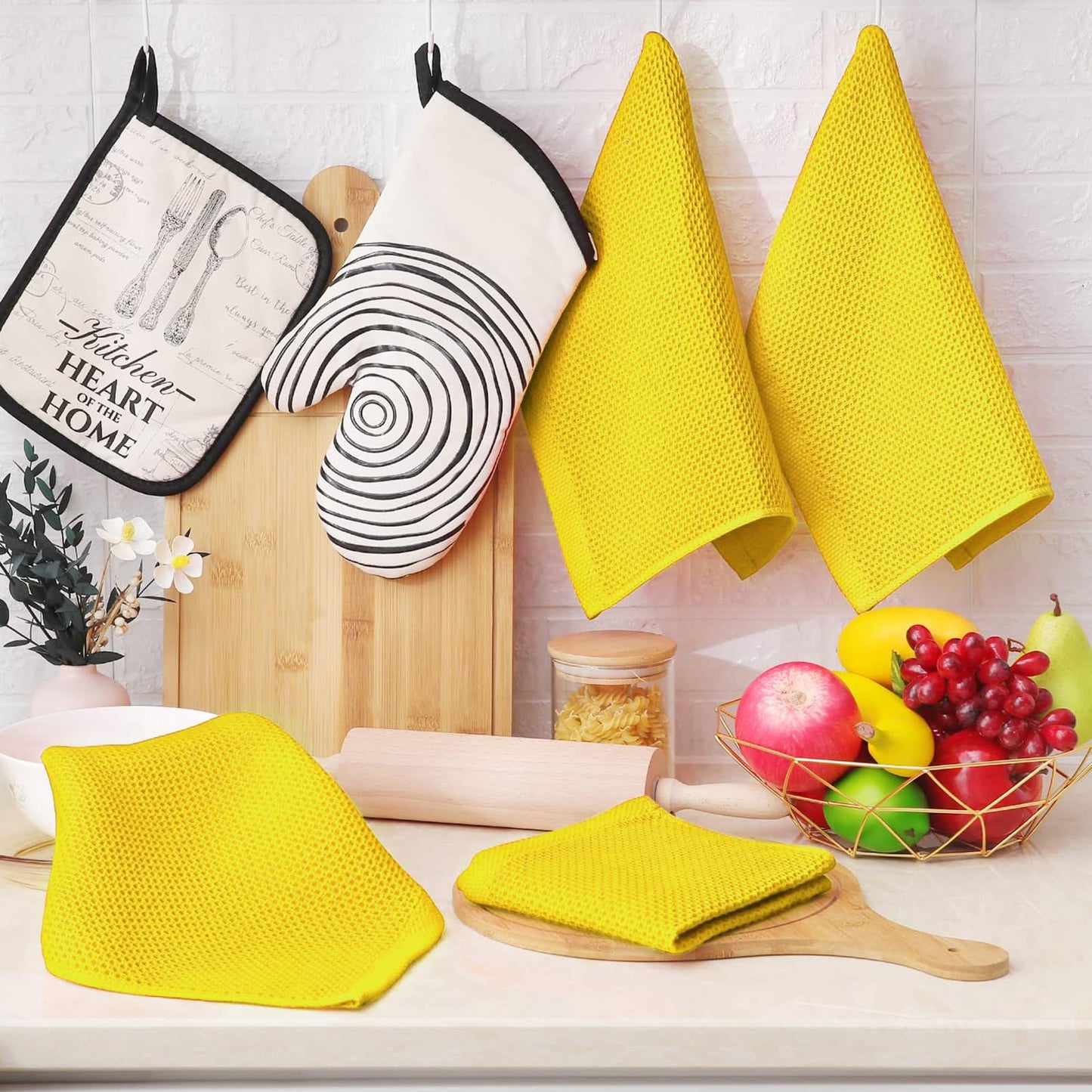 100% Cotton Waffle Weave Kitchen Dish Cloths, Ultra Soft Absorbent Quick Drying Dish Towels, 12 x 12 Inches, 6-Pack, Yellow