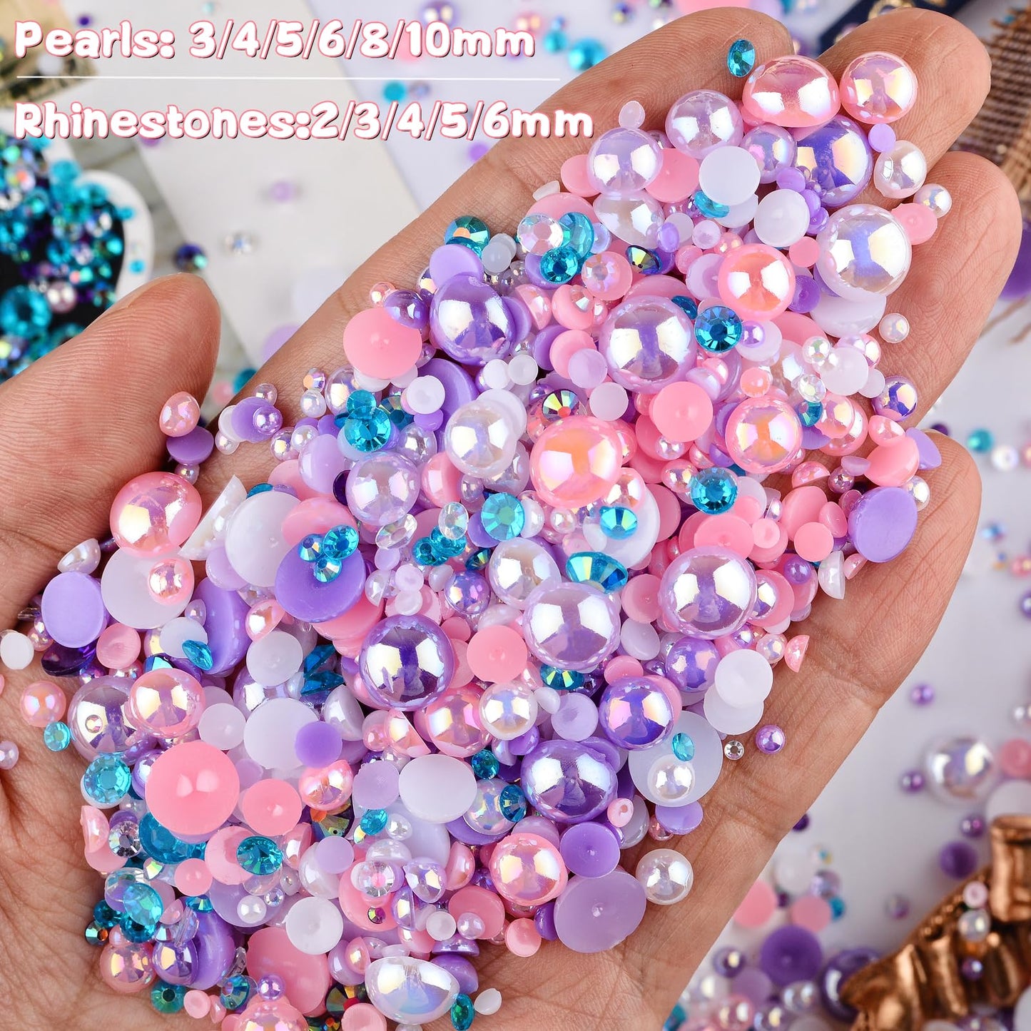 75g Mix Resin Pearls Rhinestones Kit, 3-10mm Half Pearls and 2-6mm Flatback Rhinestones for Nail Art Decoration Shoes Clothes Tumblers Scrapbooking Craft DIY (Purple Pink White)