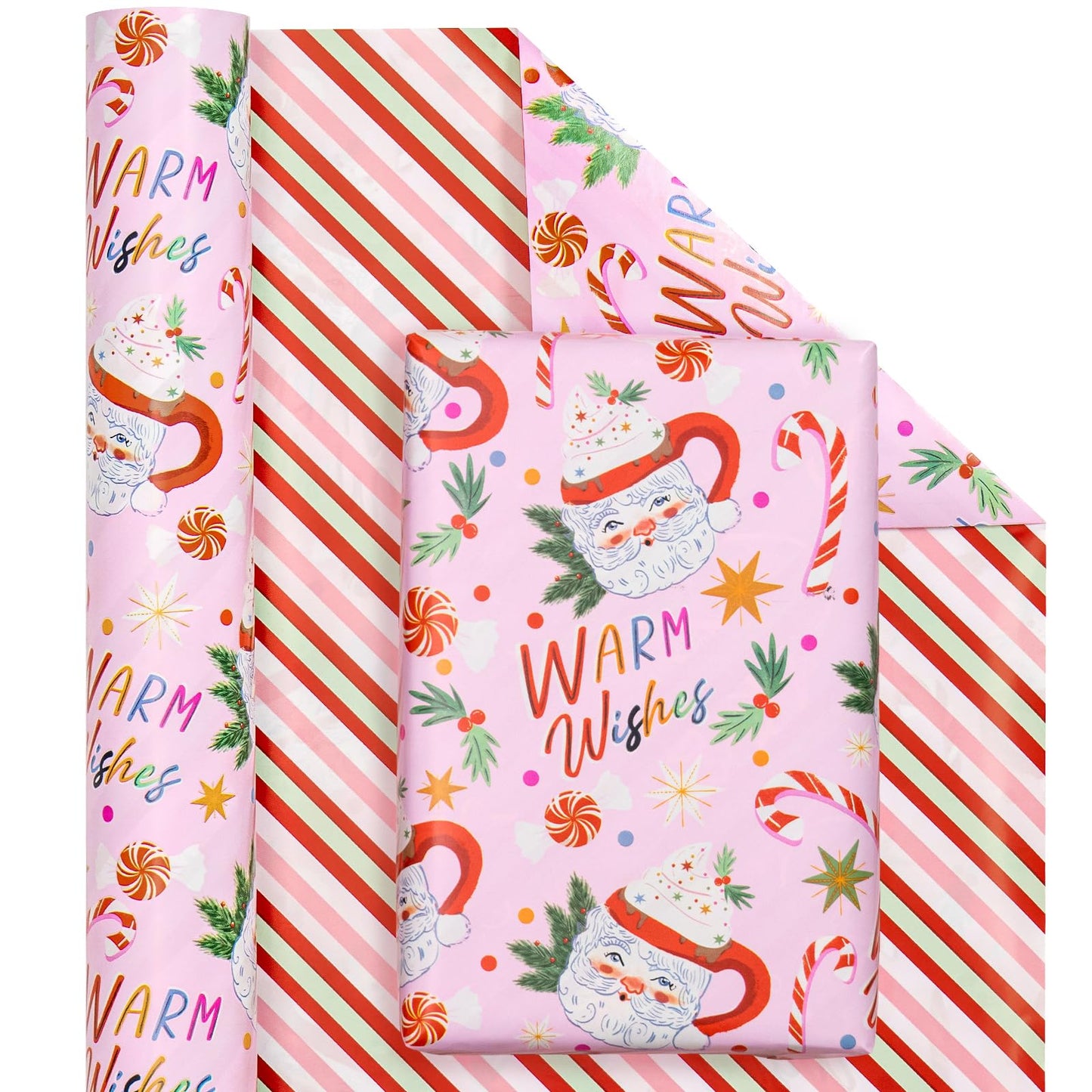 Reversible Christmas Wrapping Paper - Mini Roll - 17 Inch x 33 Feet - Santa Claus Cup and Stripe Wrapping Paper for Chrsitmas, Holiday, Party Celebration