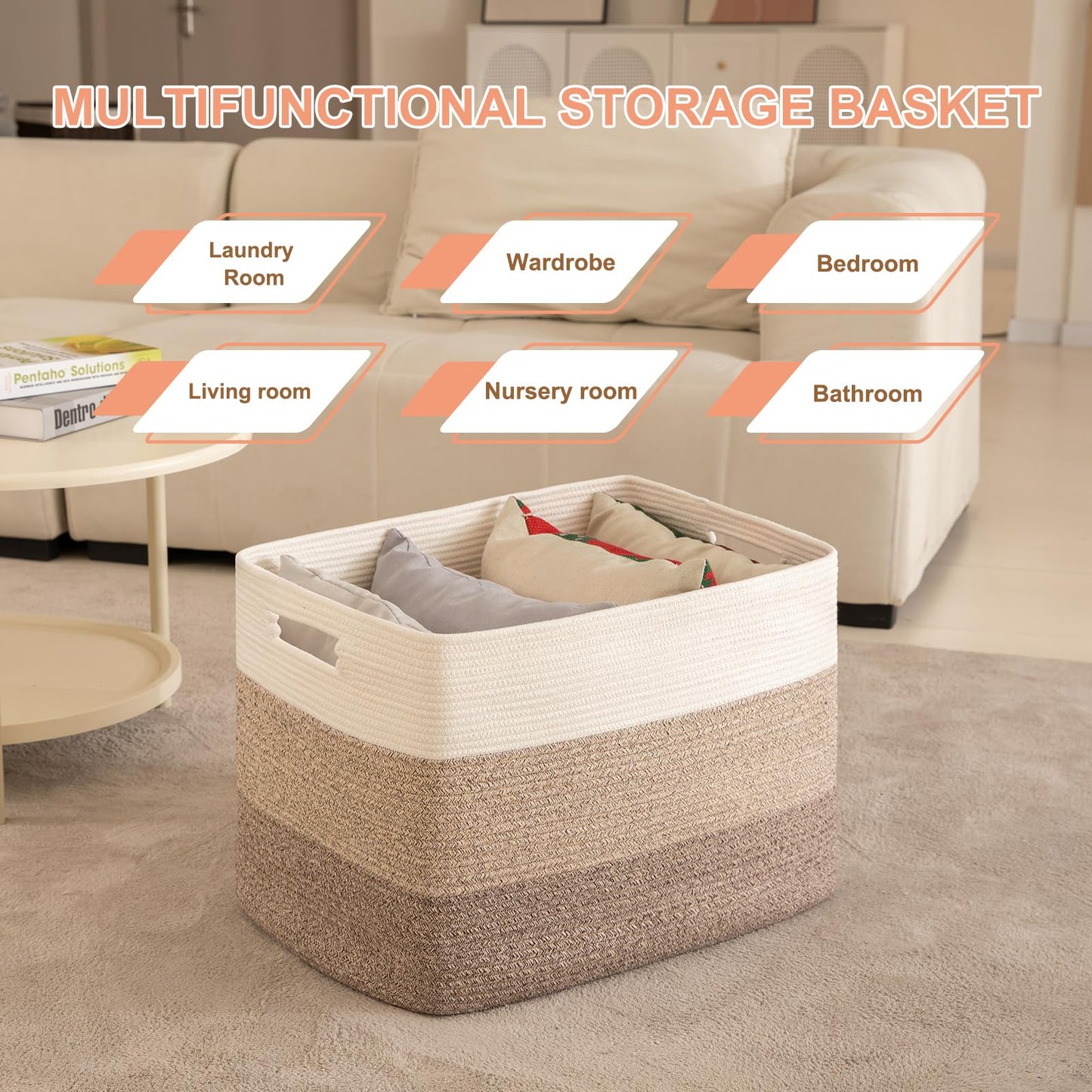 OIAHOMY 108L Super Large Blanket Basket, 25”x16”x16”(108L) Rectangle Woven Baskets for Storage, Cotton Rope Basket For Living Room, Toy Storage with Handle- Gradient Brown