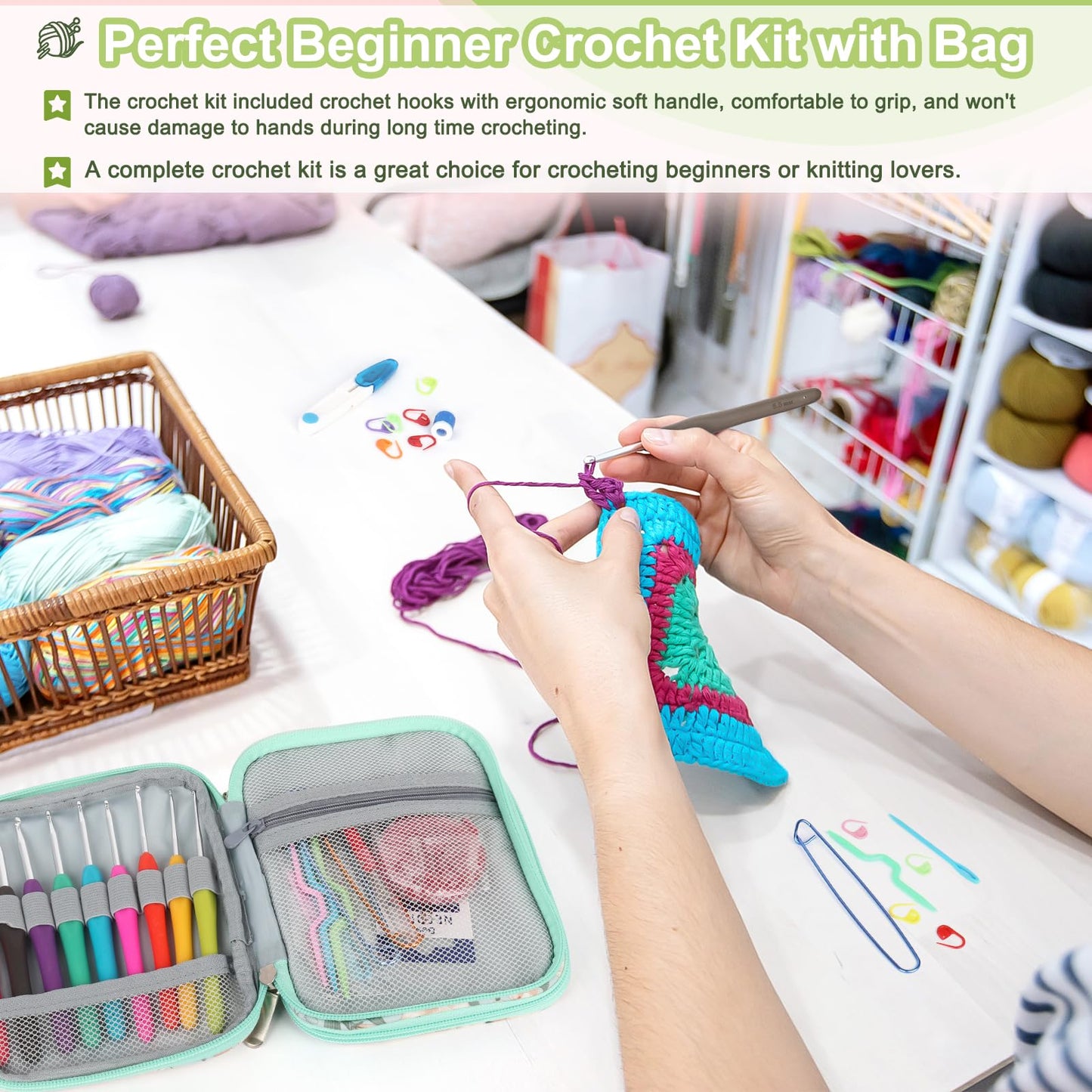 Katech Crochet Hooks Set with Crochet Case, 73 pcs Knitting Accessories Ergonomic Crochet Hook for Making Bag, Glovers, Sock, Colorful Soft Handle Knitting Needles Kits DIY Hand Tool