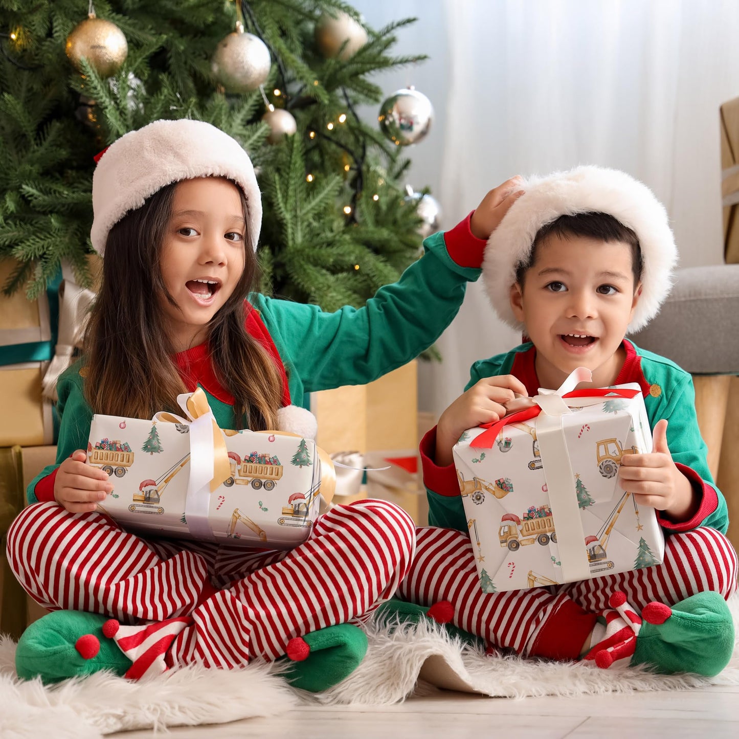 Construction Christmas Wrapping Paper for Kids - Holiday Wrapping Paper with Dump Trucks, Cranes, Excavators with Santa Hats & Gifts, Christmas Tree - 40×28 Inches, 4 Folded Sheets