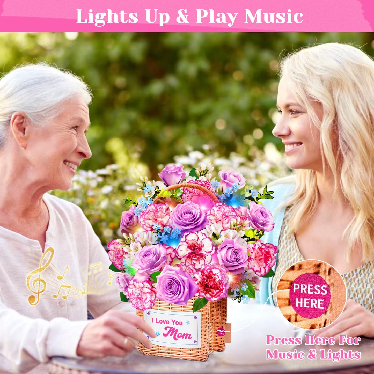 MZD8391 Mothers Day Card With Music & Lights, 3D Pop Up Mothers Day Gifts, Carnation & Rose, 10 Inch Life Sized Forever Flower Bouquet Birthday Card for Mom Wife Women Her