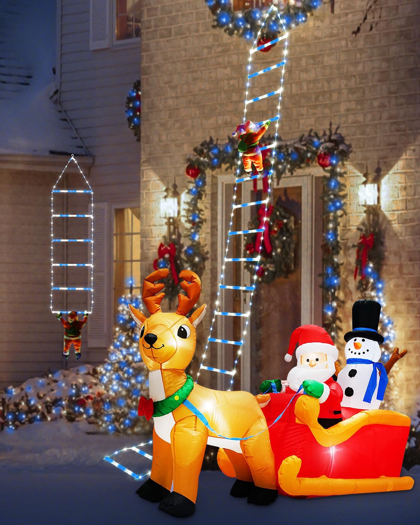 LED Christmas Lights - 10ft Christmas Decorative Ladder Lights with Santa Claus, Xmas Decorations Light for Indoor Outdoor, Window, Garden, Home, Wall, Xmas Tree Decor - White & Blue