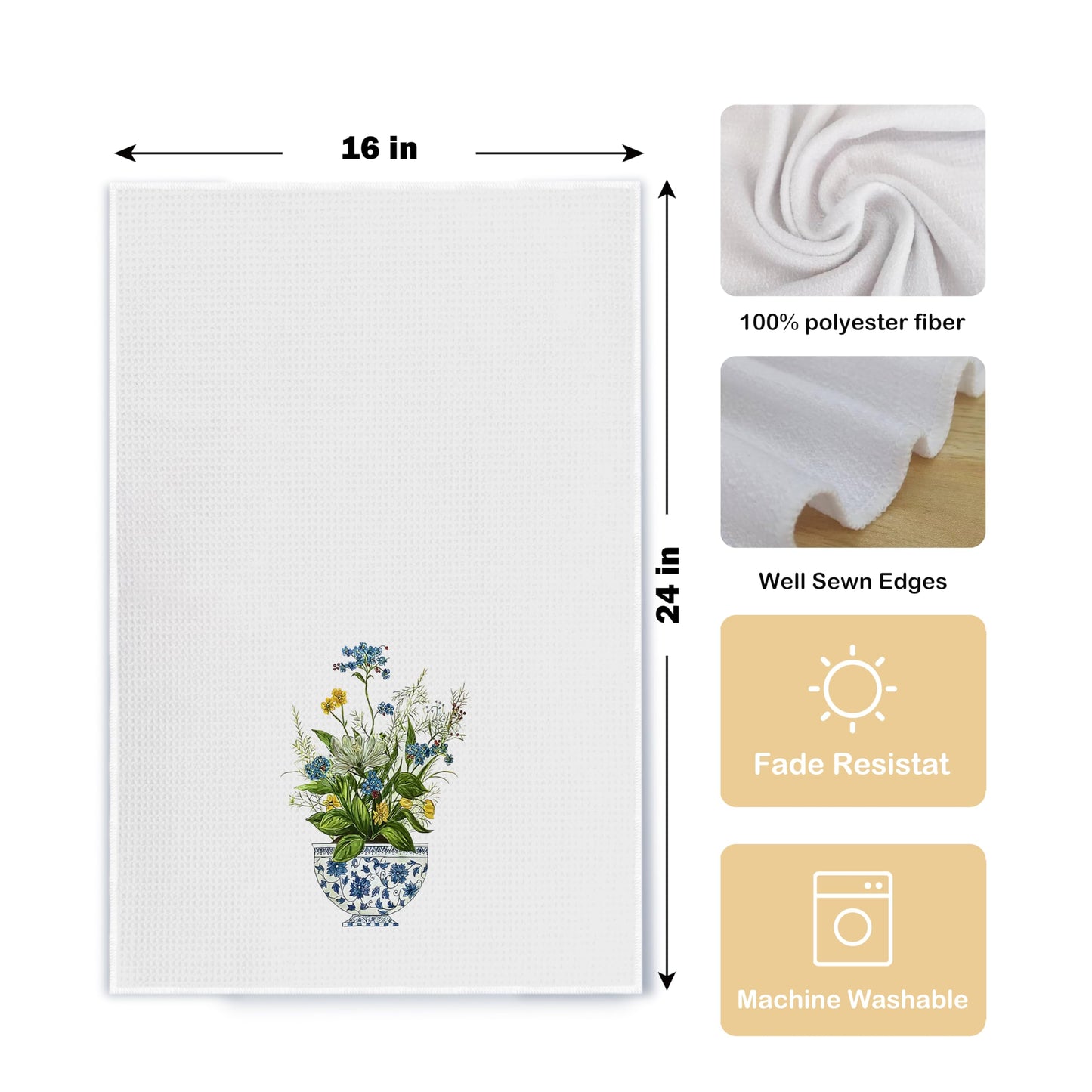 Qpenm Chinoiserie Floral Kitchen Towels Set of 2 - Retro Flower Chinoiserie Dish Towels for Kitchen, Chinoiserie Kitchen Hand Towels, Chinoiserie Waffle Weave Tea Towels Decorative Set 16 X 24 Inch