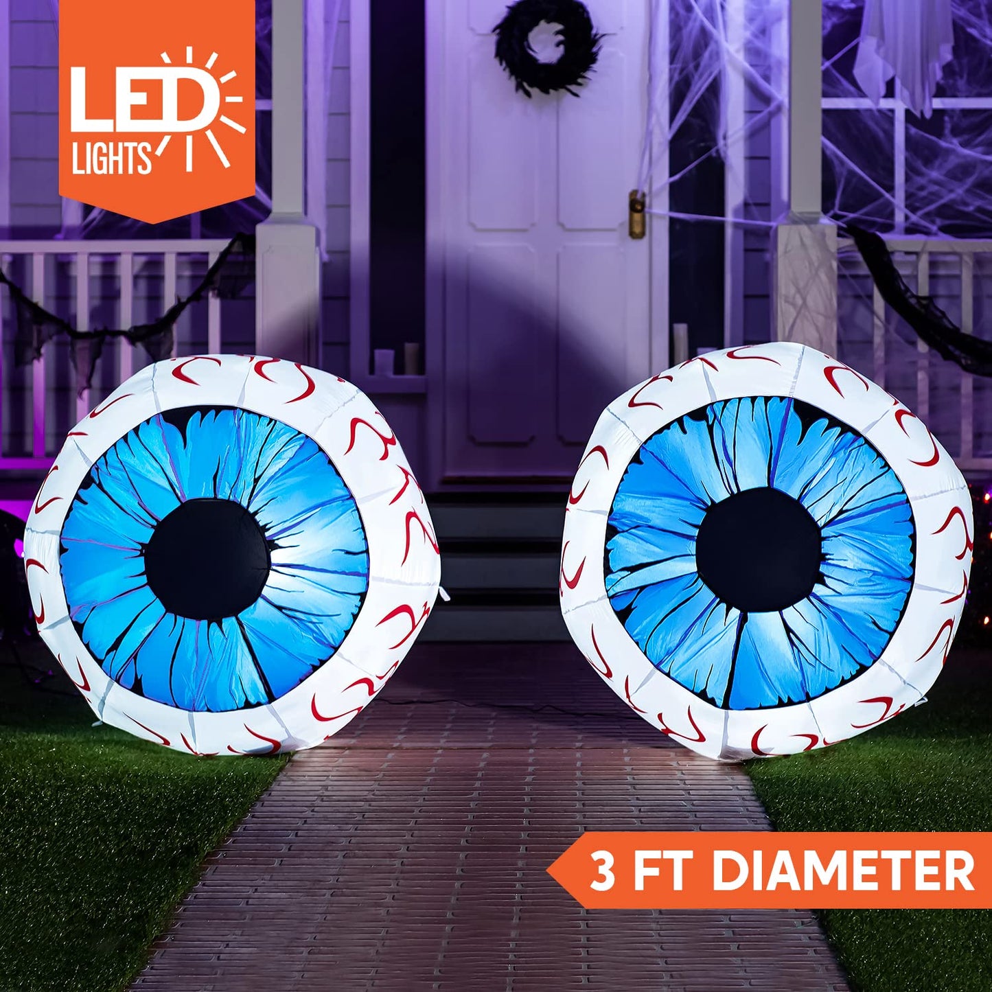 3Ft Halloween Inflatable Large Set of Eyes, Light Up Eyeball with Build-in LEDs, Blow Up Inflatable for Halloween Party Indoor, Outdoor, Yard, Garden, Lawn Decorations for Yard (Blue)