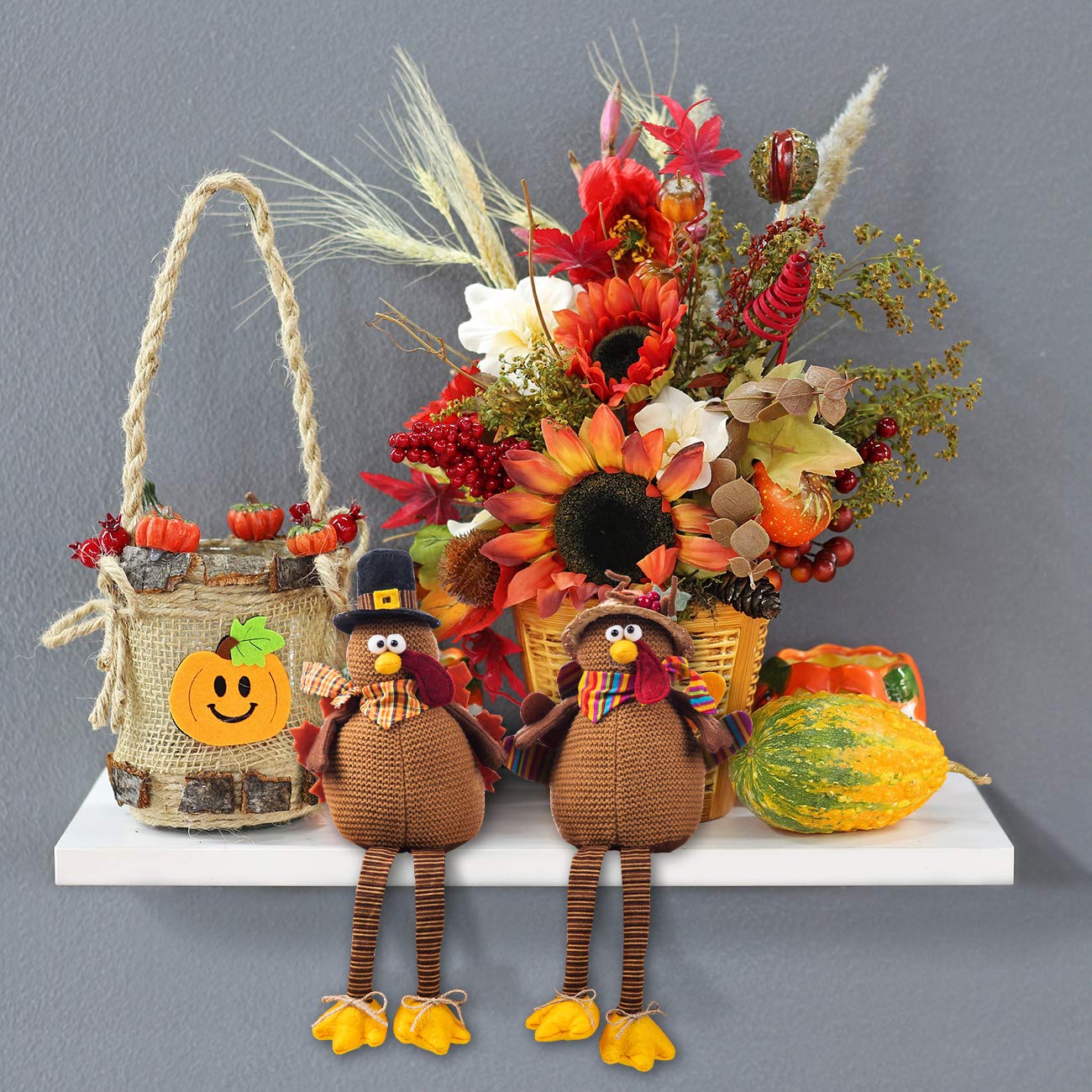 Ogrmar 2 Pack Stuffed Turkey Couple Doll Thanksgiving Tabletop Decoration Exquisite Handmade Turkey Doll Kit for Autumn Fall Thanksgiving Home Decor