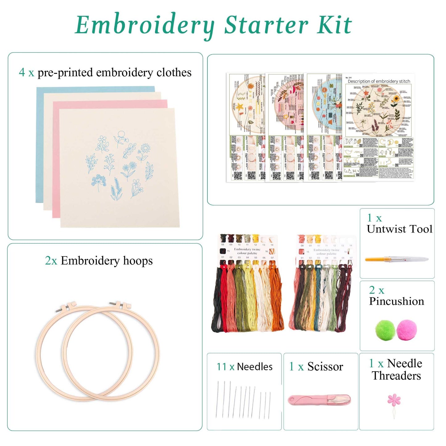 4P Beginner Embroidery Kit,Natural Landscape Pattern,Cross Stitch Kits, Including Stamped Embroidery Cloth with 2 Embroidery Hoops, Multicolor Color Threads for Embroidery Kits