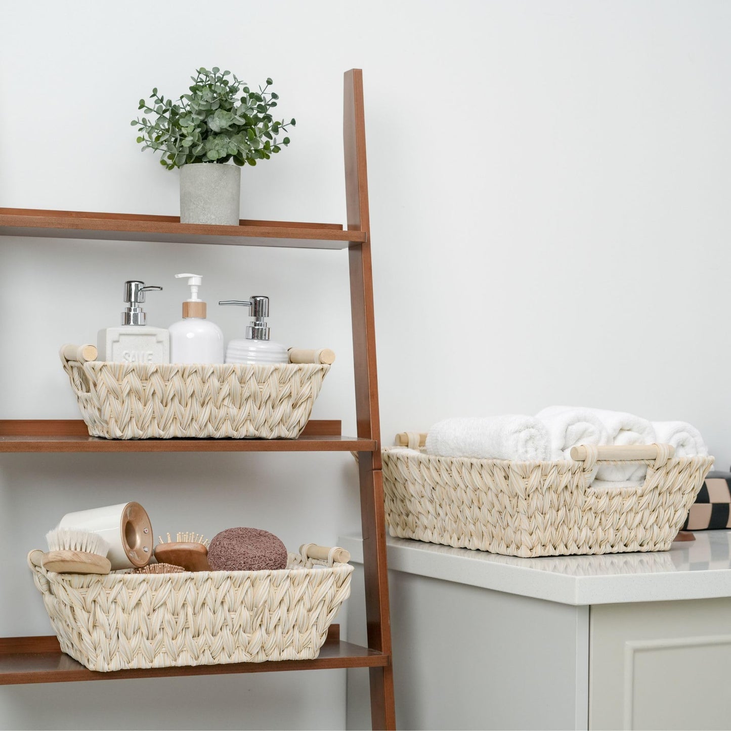 2-Pack Wicker Storage Baskets, Storage Baskets for Shelves, Trapezoid Wicker Baskets with Handles, Waterproof Woven Basket, Storage Baskets for Shelves, Butter Milk