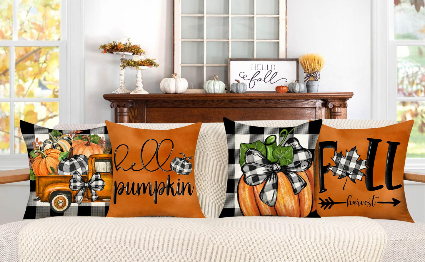 4TH Emotion Fall Pillow Covers 18x18 Set of 4 Thanksgiving Buffalo Check Farmhouse Decorations Orange Pumpkin Outdoor Autumn Farm Truck Pillows Decorative Throw Cushion Case for Home Decor S23F22