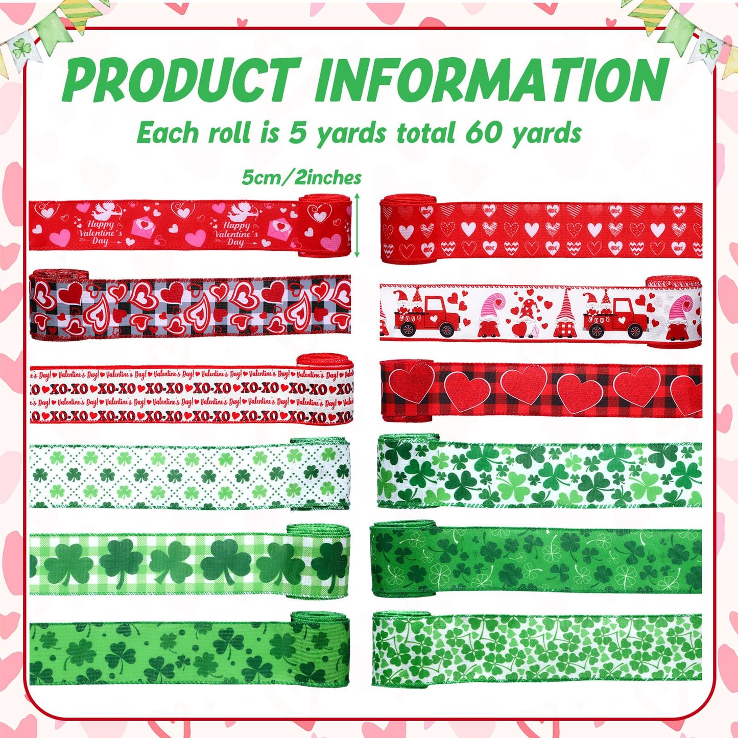 12 Rolls Valentine's Day Wired Edge Ribbon for Wreaths 2 Inch x 60 Yards Red Pink Heart Gnome Truck Print Grosgrain Ribbon Shamrock Clover Crafts for St Patricks Day Party Supplies 12 Styles