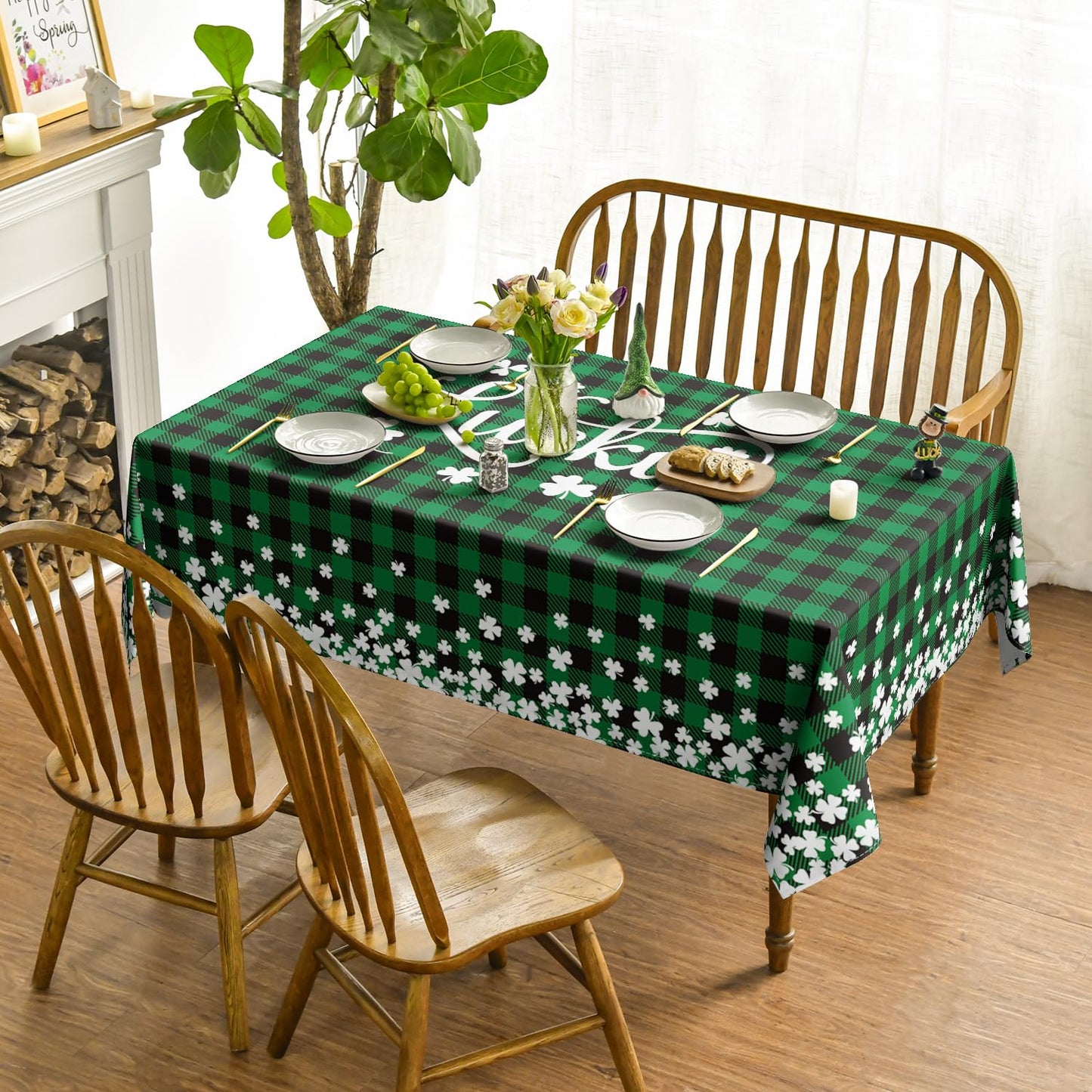 St. Patrick's Day Rectangular Tablecloth 60×84 Inch, Buffalo Plaid Shamrock Lucky Washable Table Cover for Party Picnic Dinner Decor