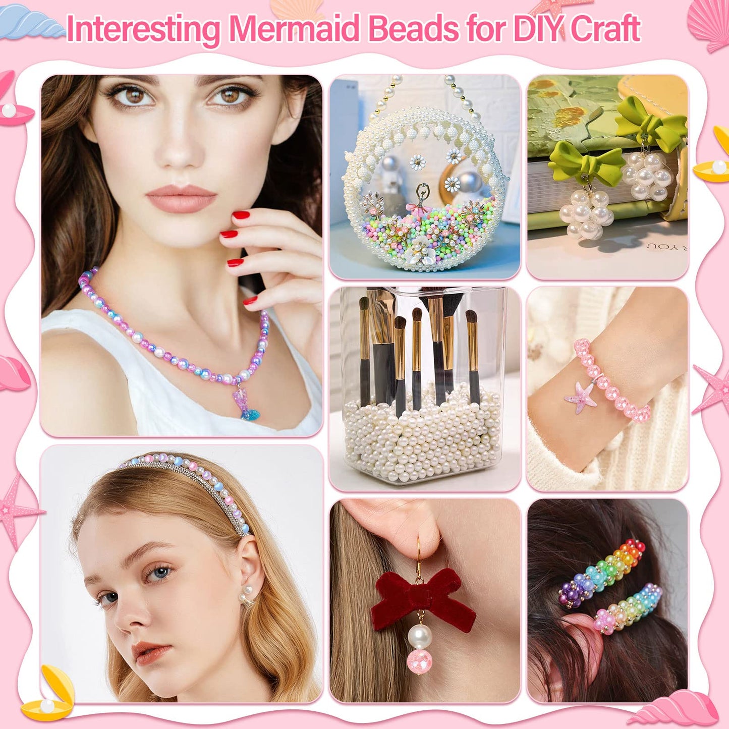 802Pcs Mermaid Beads Jewelry Making Kit, Mermaid-Inspired Beads & Charms Set with Elastic Strings and Tools, Bracelet & Necklace Craft Supplies (802 Pieces)