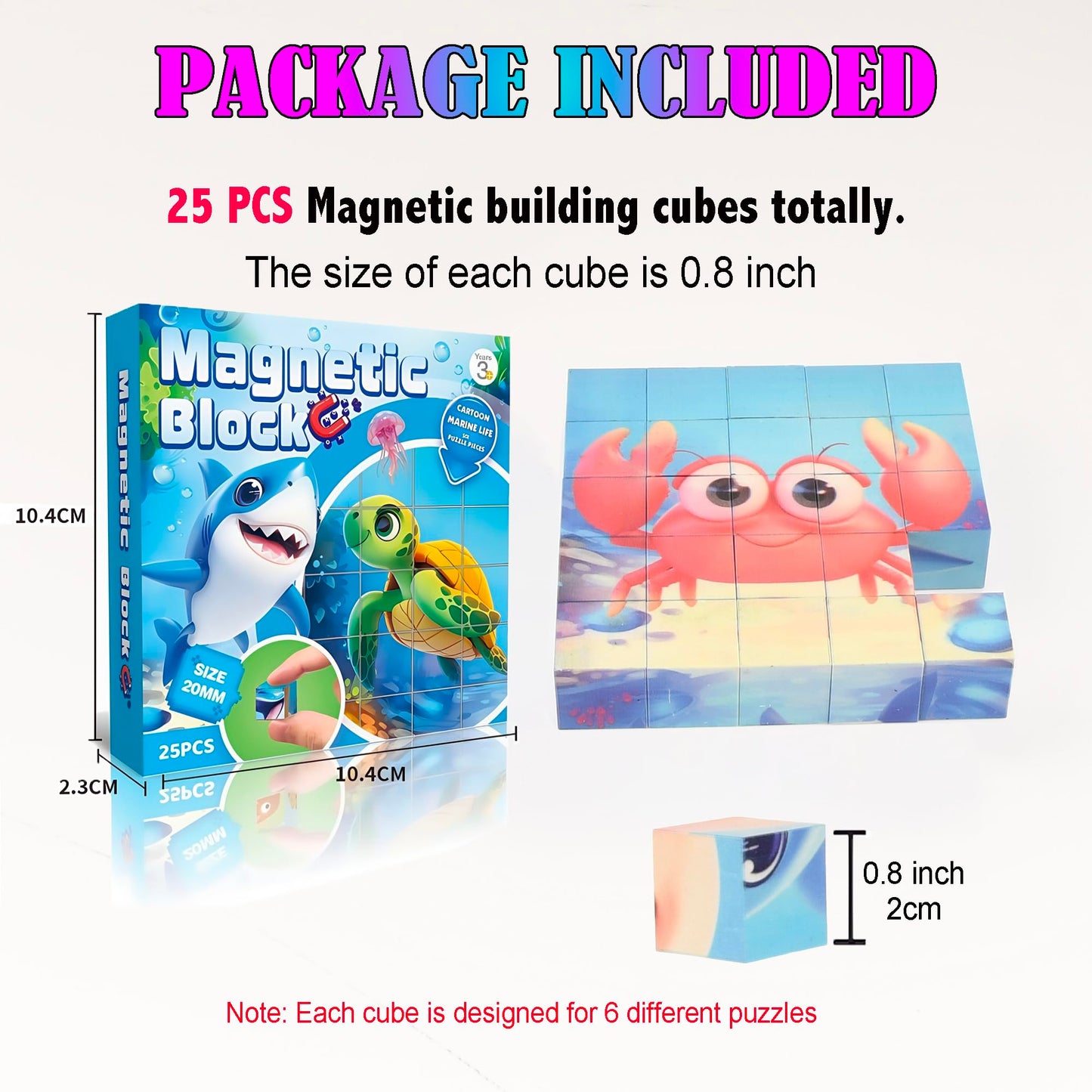 Magnetic Blocks Building Toy,Ritastar 25pcs Mine Stacking Magnet Build Cubes Cartoon Pattern World,STEM Sensory Construction Toys for Kids Gift,Educational Jigsaw Puzzle Set with 3D Sea Animal Designs