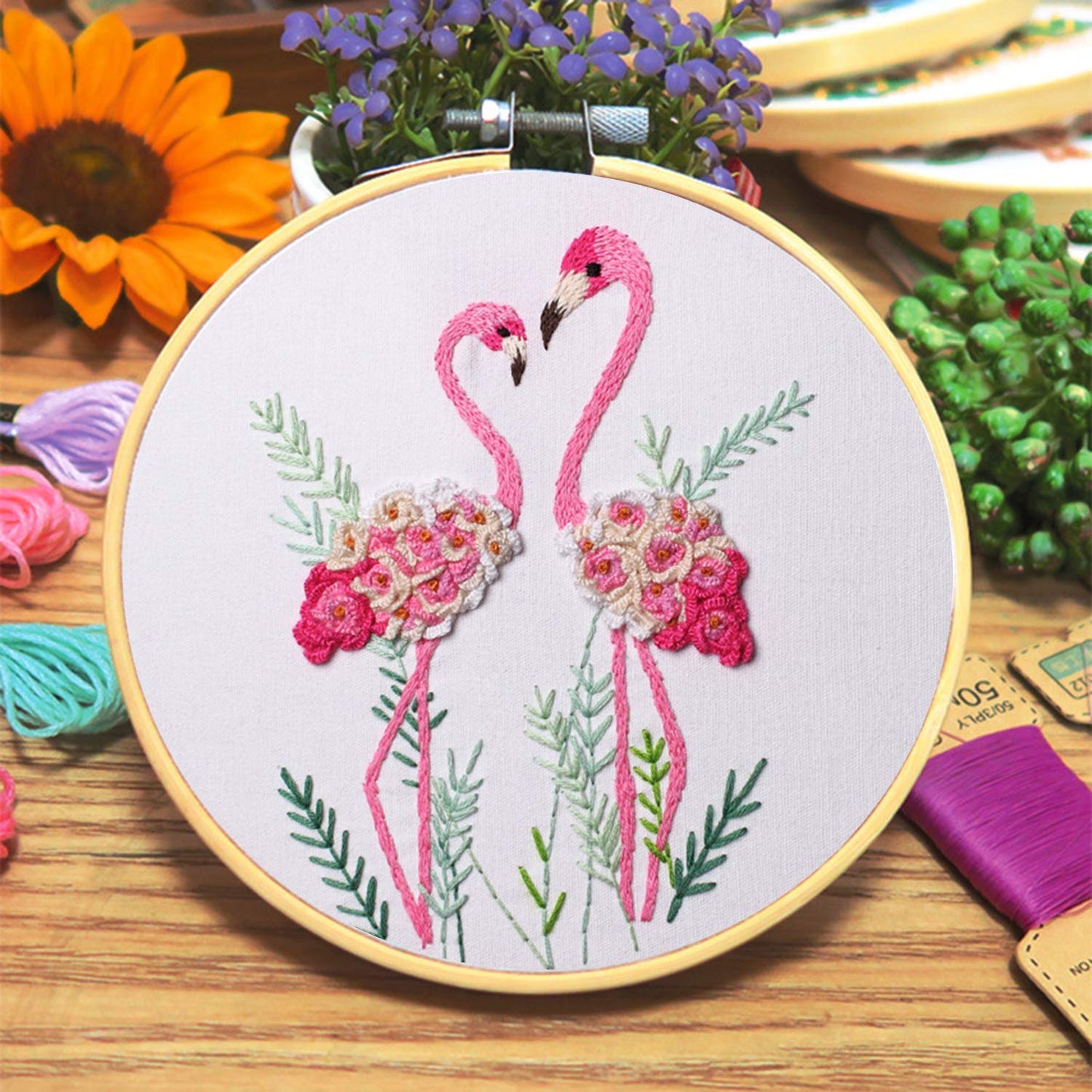 Flamingo Embroidery Kit for Beginners with Pattern Floral Stamped Full Range of Embroidery Starter Kit for Adults Cross Stitch Kit with Embroidery Cloth, Hoops, Color Thread and Tools,Set of 2