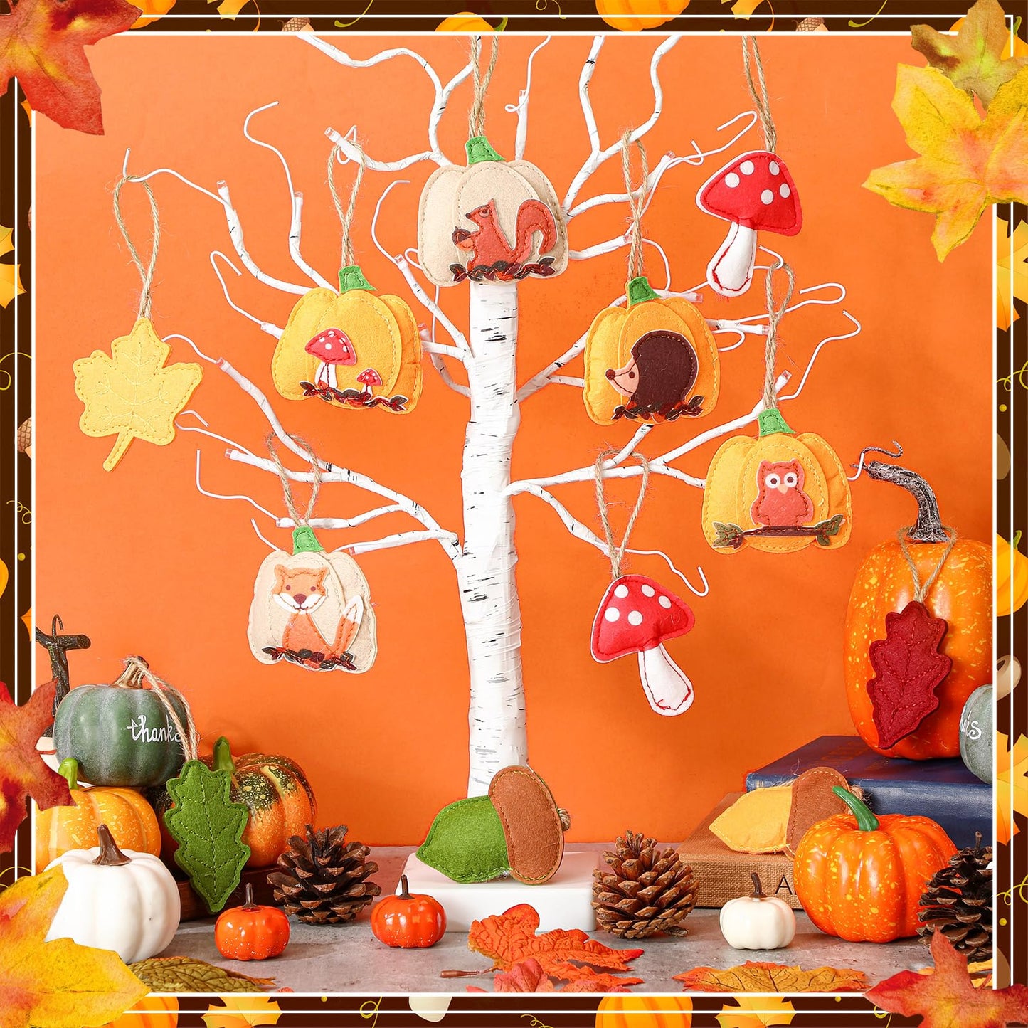 12 Pcs Fall Felt Ornaments for Tree Decoration Thanksgiving 3D Pumpkin Maple Leaf Hanging Felt Ornament for Autumn Farmhouse Harvest Tree Garland Banner Mantle Diy Craft Decor, 3.15 Inch