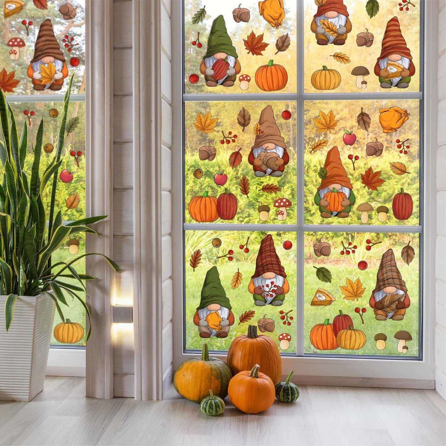 Fall Decor Autumn Window Clings Thanksgiving Decorations Double-Sided Reusable Peel and Stick Removable for Glass Living Room Nursery Room Home Office Thanksgiving Gnomes 102 Pieces